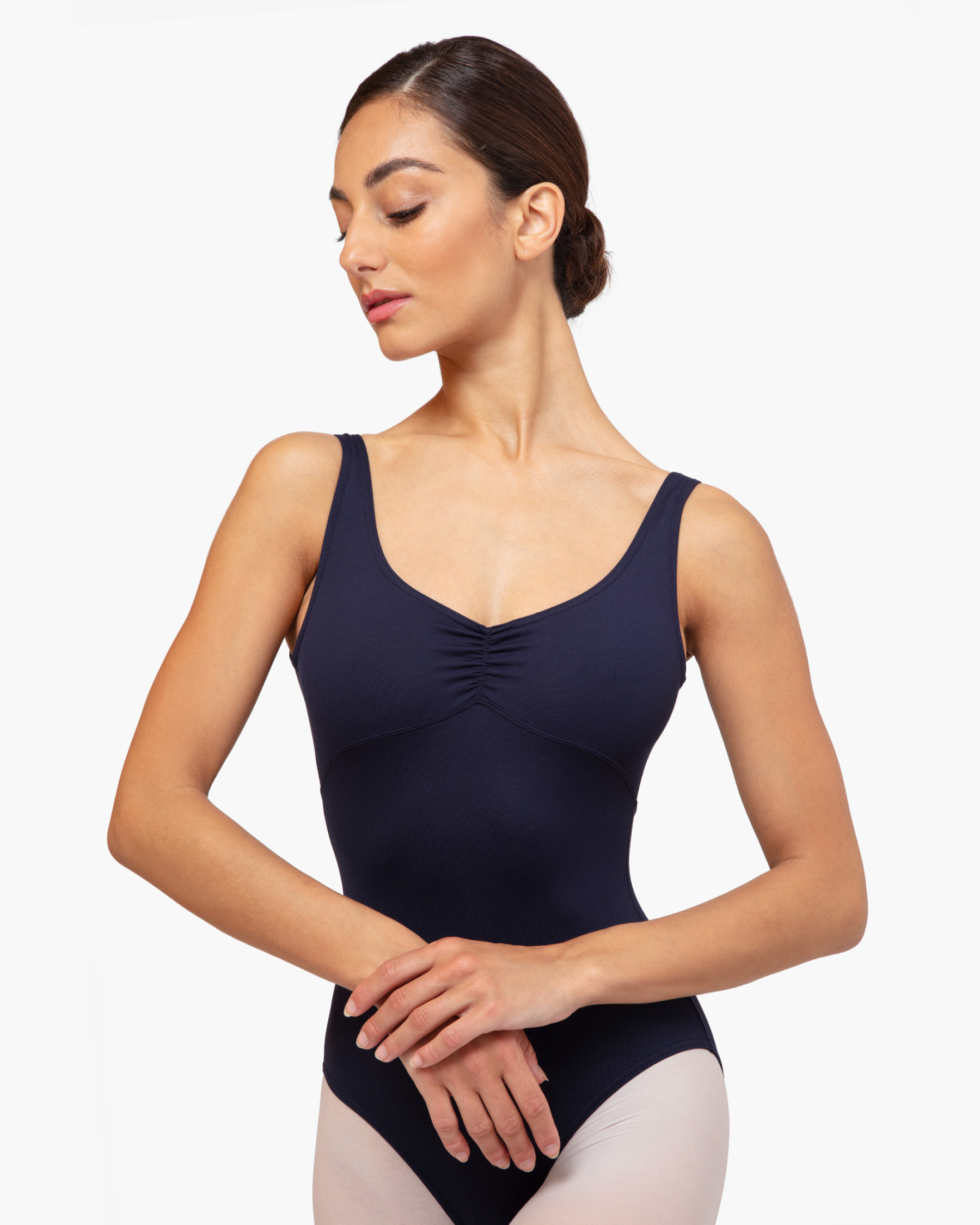 Gathered front and back leotard neckline