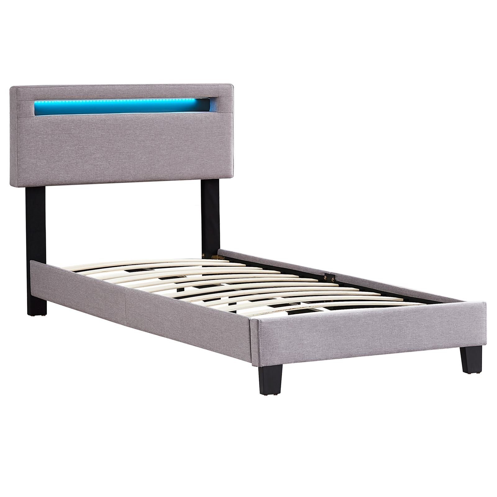 CARO-Möbel Polsterbett GLACE, Polsterbett 90x200 cm mit Stoffbezug in grau LED Beleuchtung grau