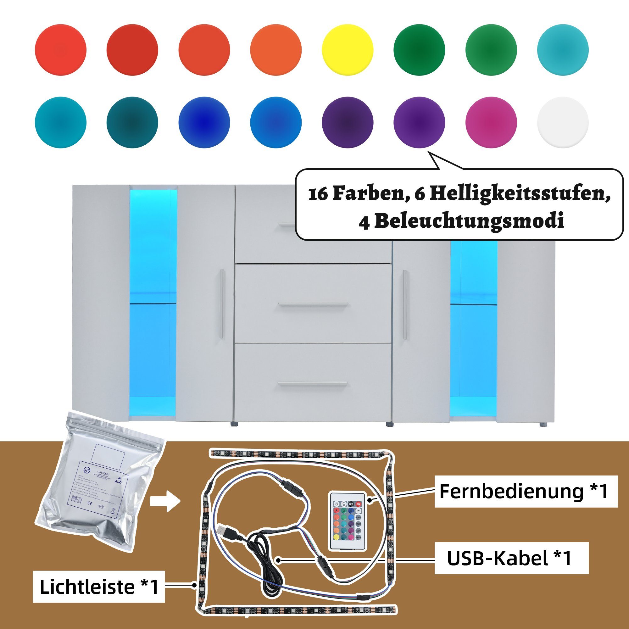 Merax Sideboard mit LED-Beleuchtung inkl. Fernbedienung, Kommode mit 2 Türen und 3 Schubladen, TV-Board, Anrichte, B:140cm
