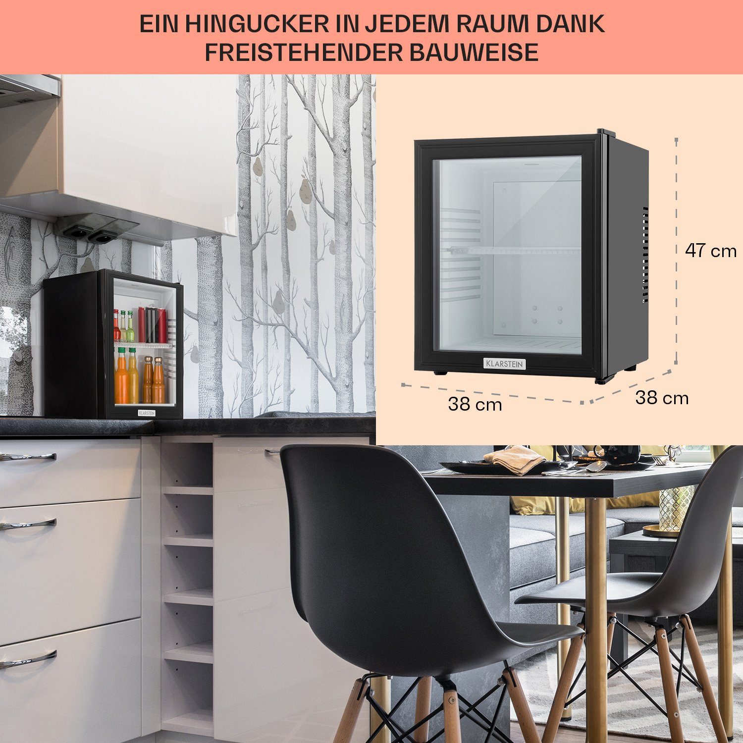 Klarstein Table Top Kühlschrank HEA-MKS-12 10005439A, 47 cm hoch, 38 cm breit, Hausbar Minikühlschrank ohne Gefrierfach Glastür klein Kühlschrank