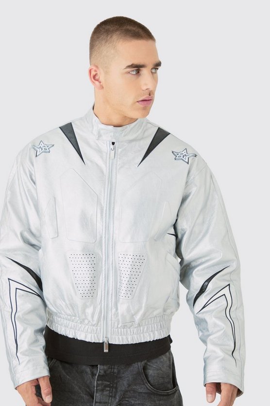 Kastige Metallic PU Moto-Bomberjacke
