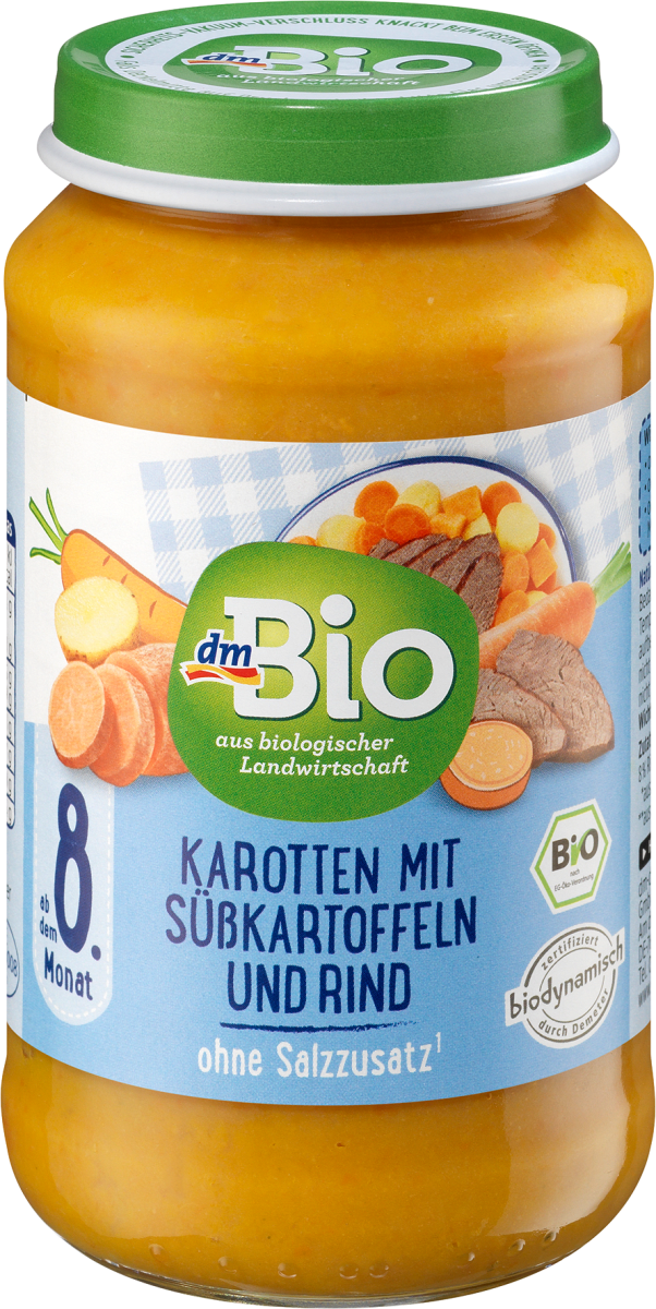 Menü Karotten mit Süßkartoffeln und Rind ab dem 8. Monat, Demeter, 220 g