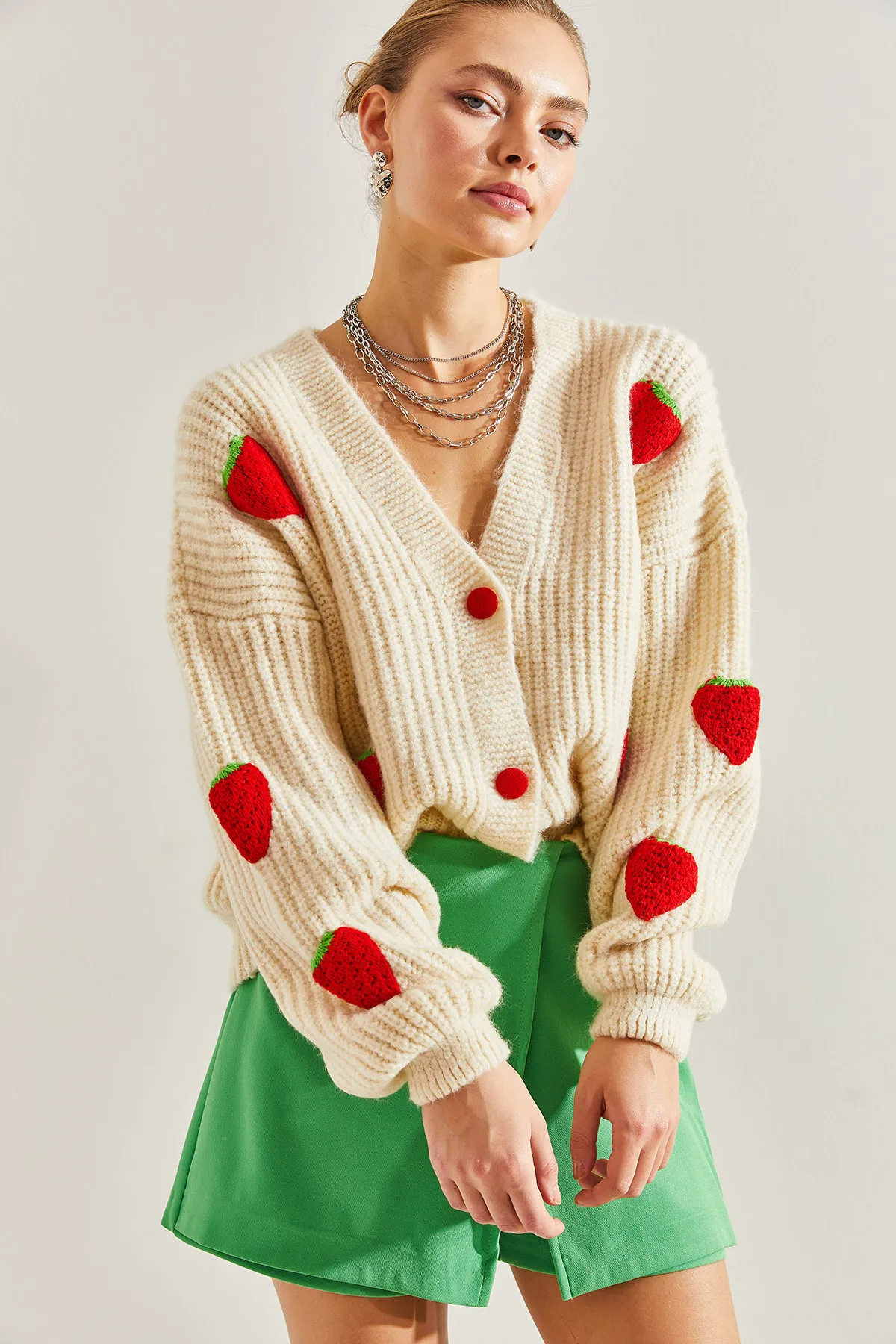 Bianco Lucci  Erdbeer-Strickjacke für Damen mit Knöpfen