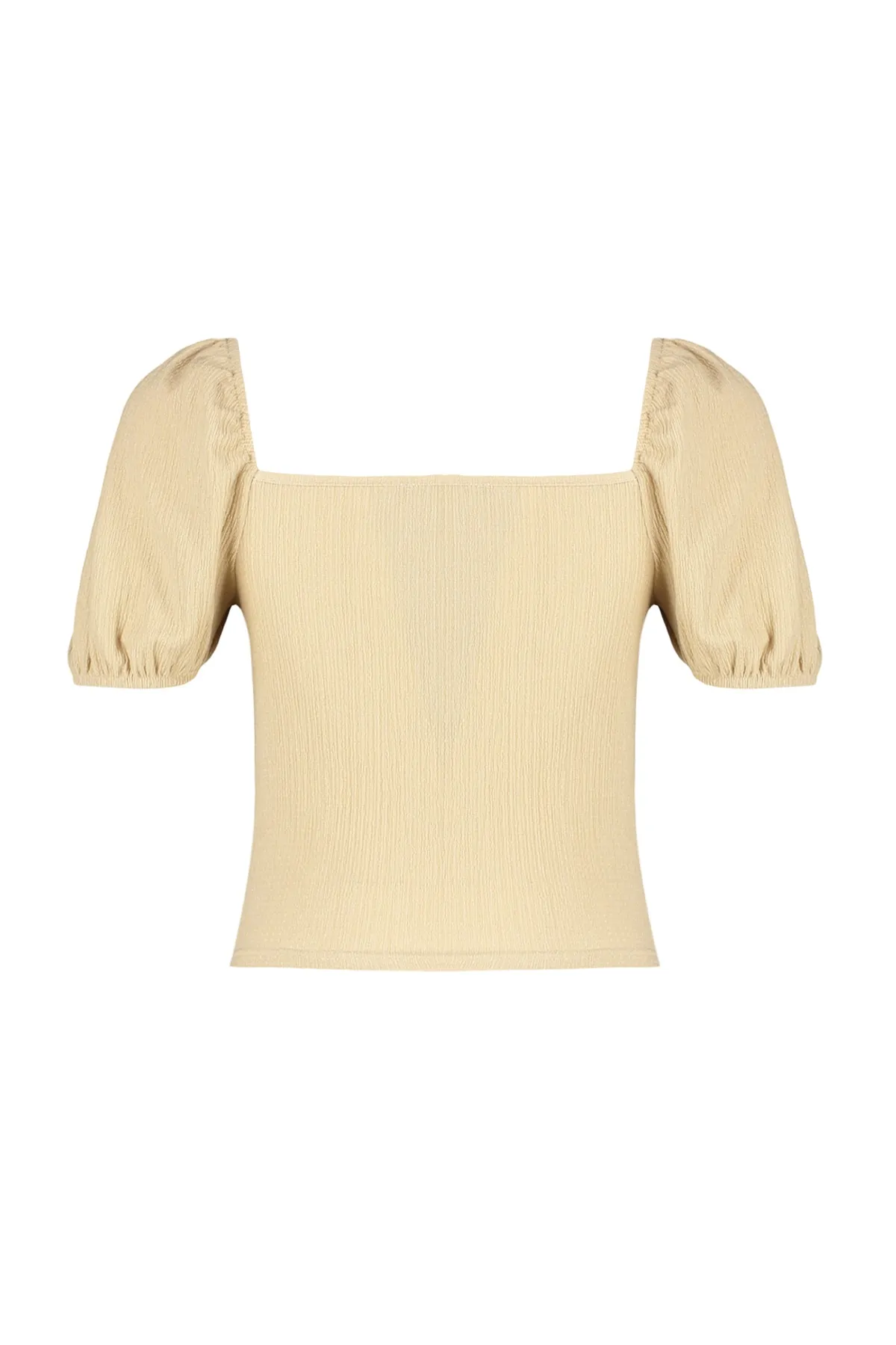 Trendyol Collection  Beige, kurz geschnittene, eng anliegende Strickbluse mit Ballonärmeln und eckigem Ausschnitt TWOSS22BZ00126