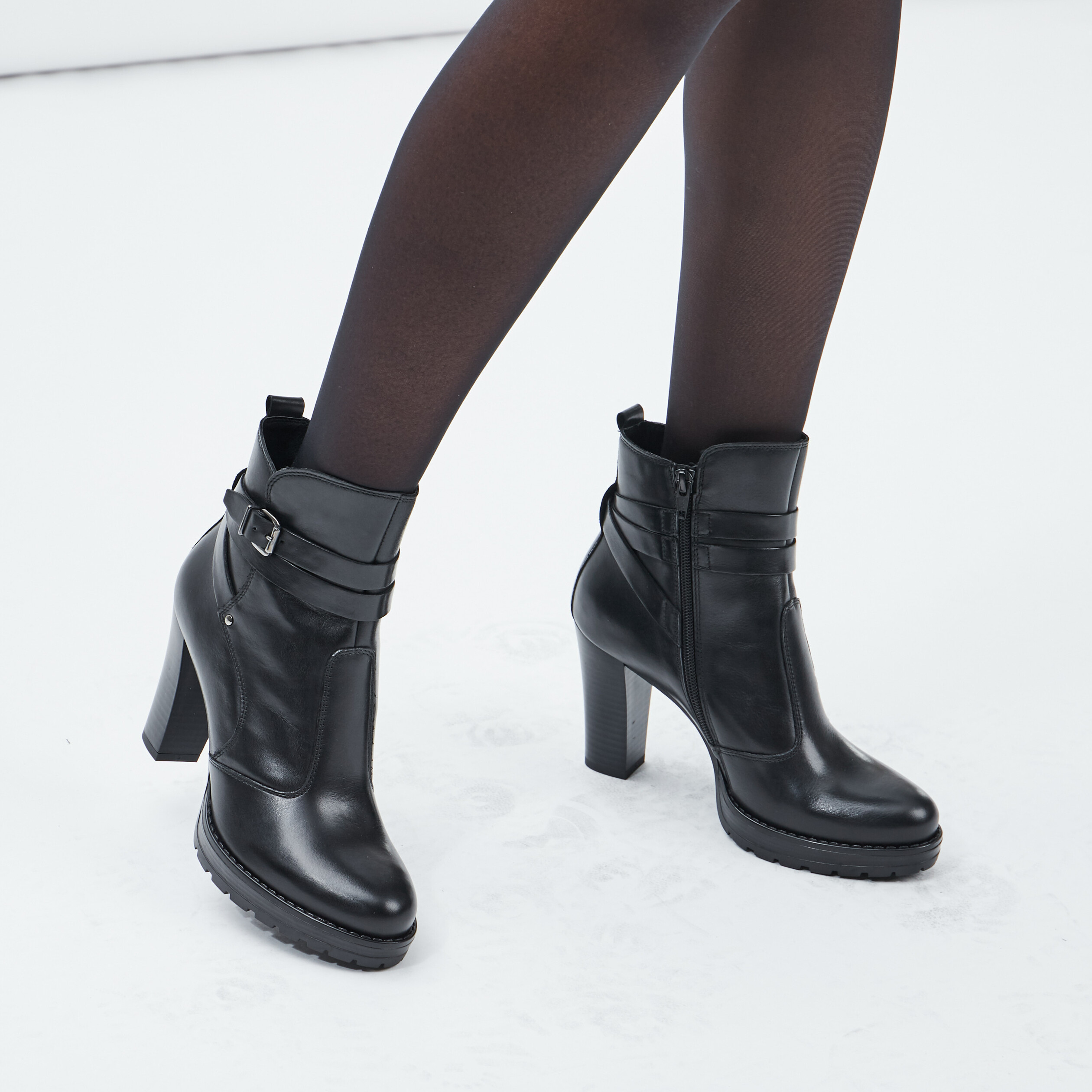 Bottines cuir à talons avec brides noir femme | La Halle