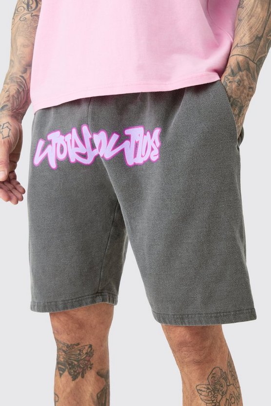 Tall lockere Jersey-Shorts mit Worldwide Graffiti Print