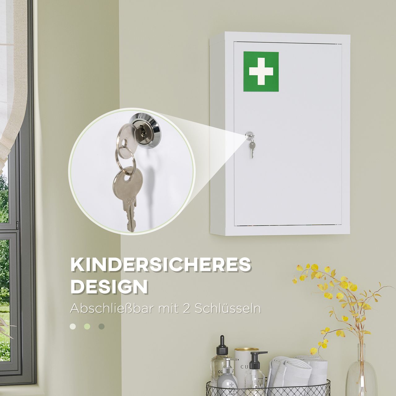kleankin Medizinschrank, Apothekerschrank mit 3 Fächern, 2 Schlüsseln, Stahl