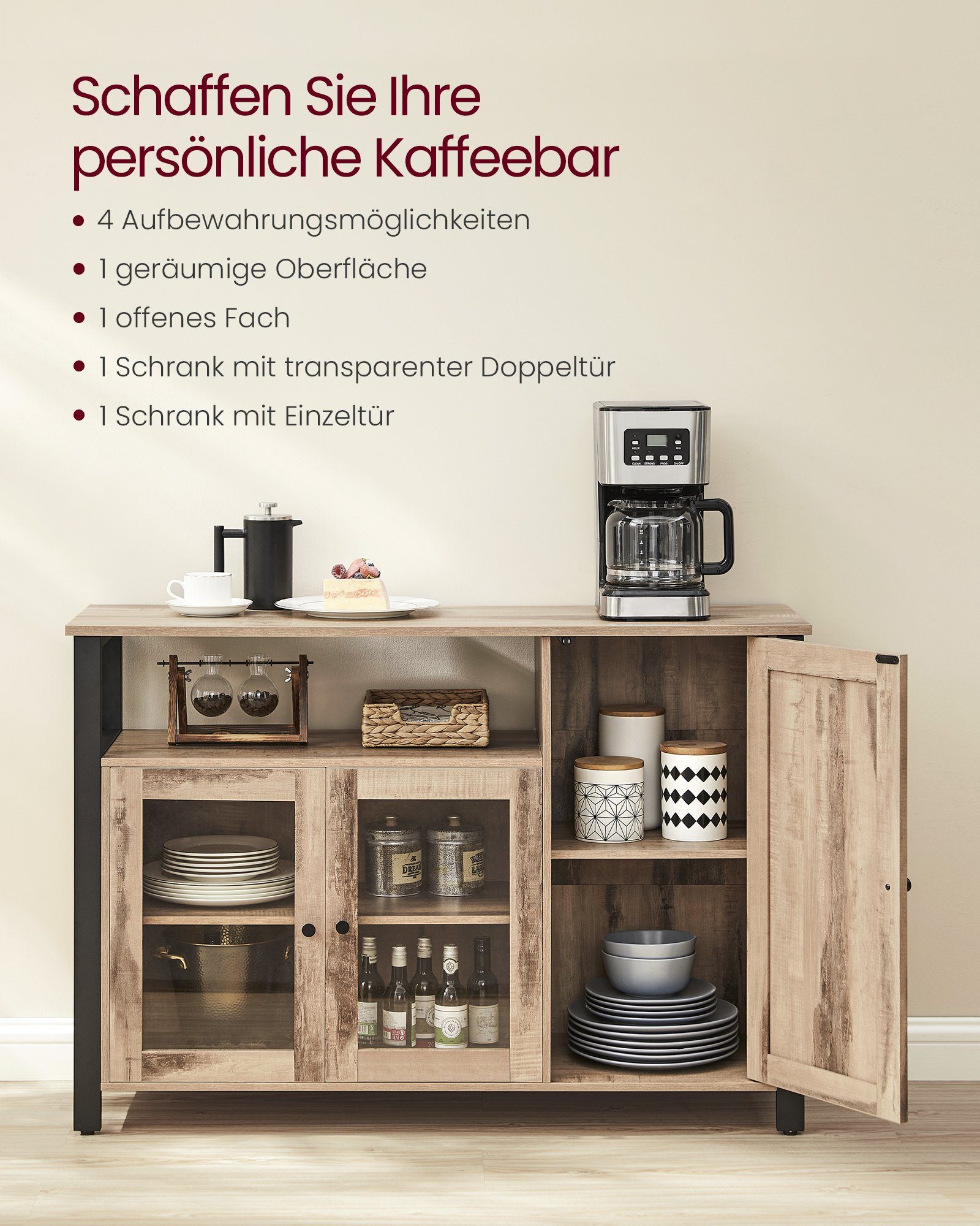 VASAGLE Sideboard Küchenschrank, Kommode, 110 x 33 x 75 cm, mit 3 Türen