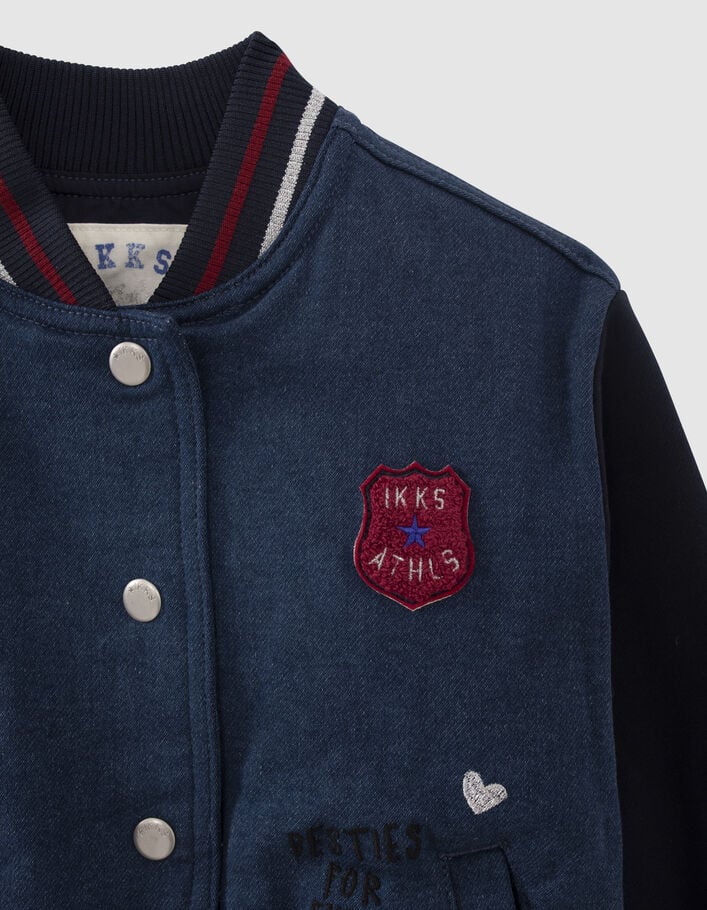 Teddy en jean marine bi matière avec broderies fille