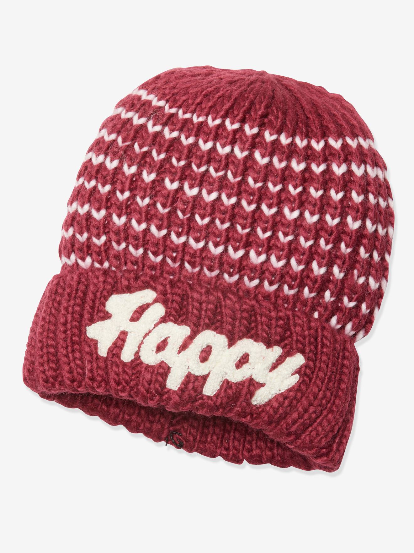 Bonnet fille en maille jacquard et pompon en fausse fourrure framboise