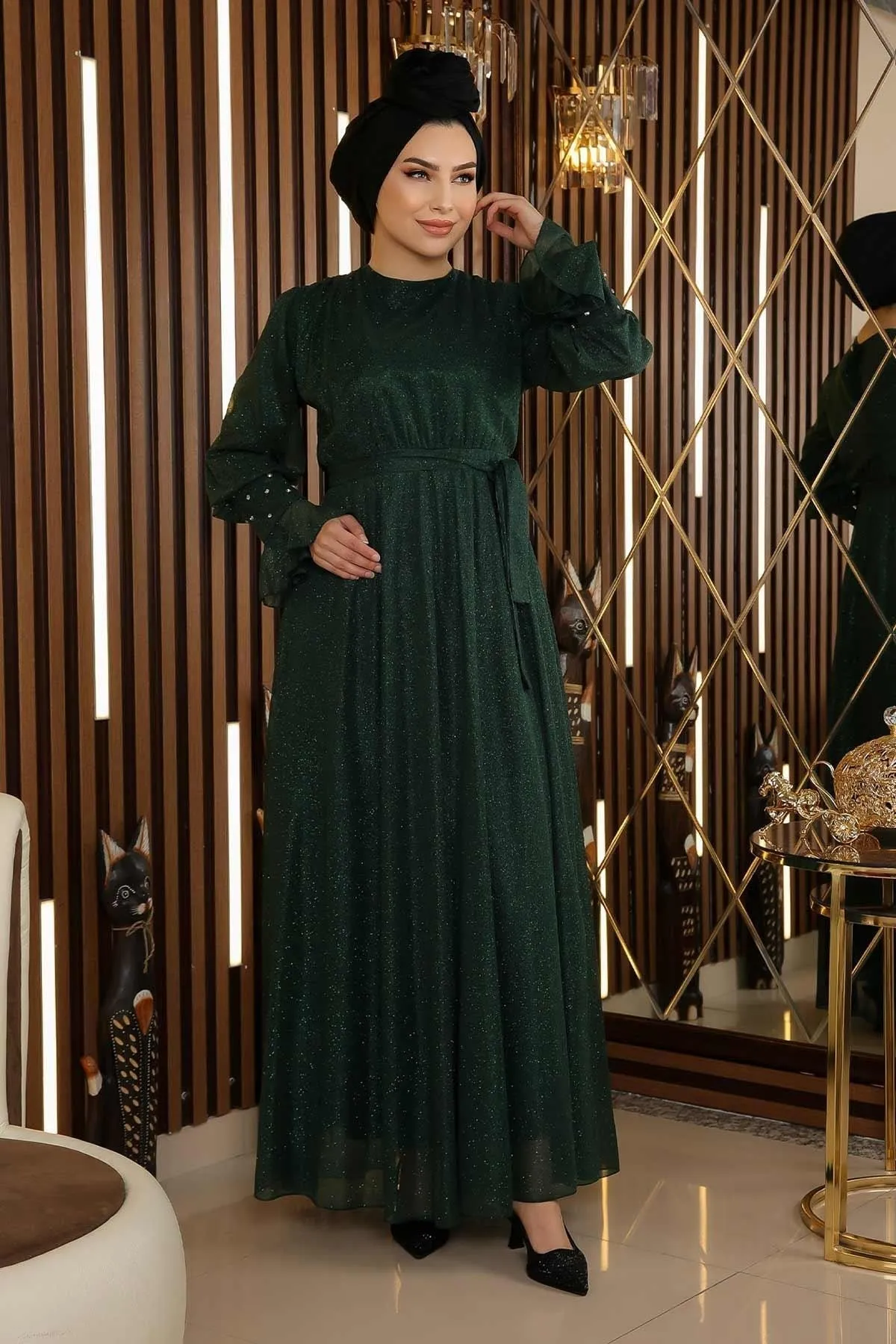 Modamihram  Steindetailliertes glitzerndes Chiffon-Abendkleid Smaragdgrün 19113