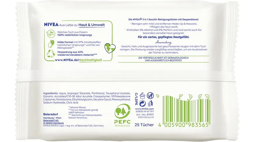 NIVEA 3in1 Sensitiv Reinigungstücher Sensible Haut 25 Tücher