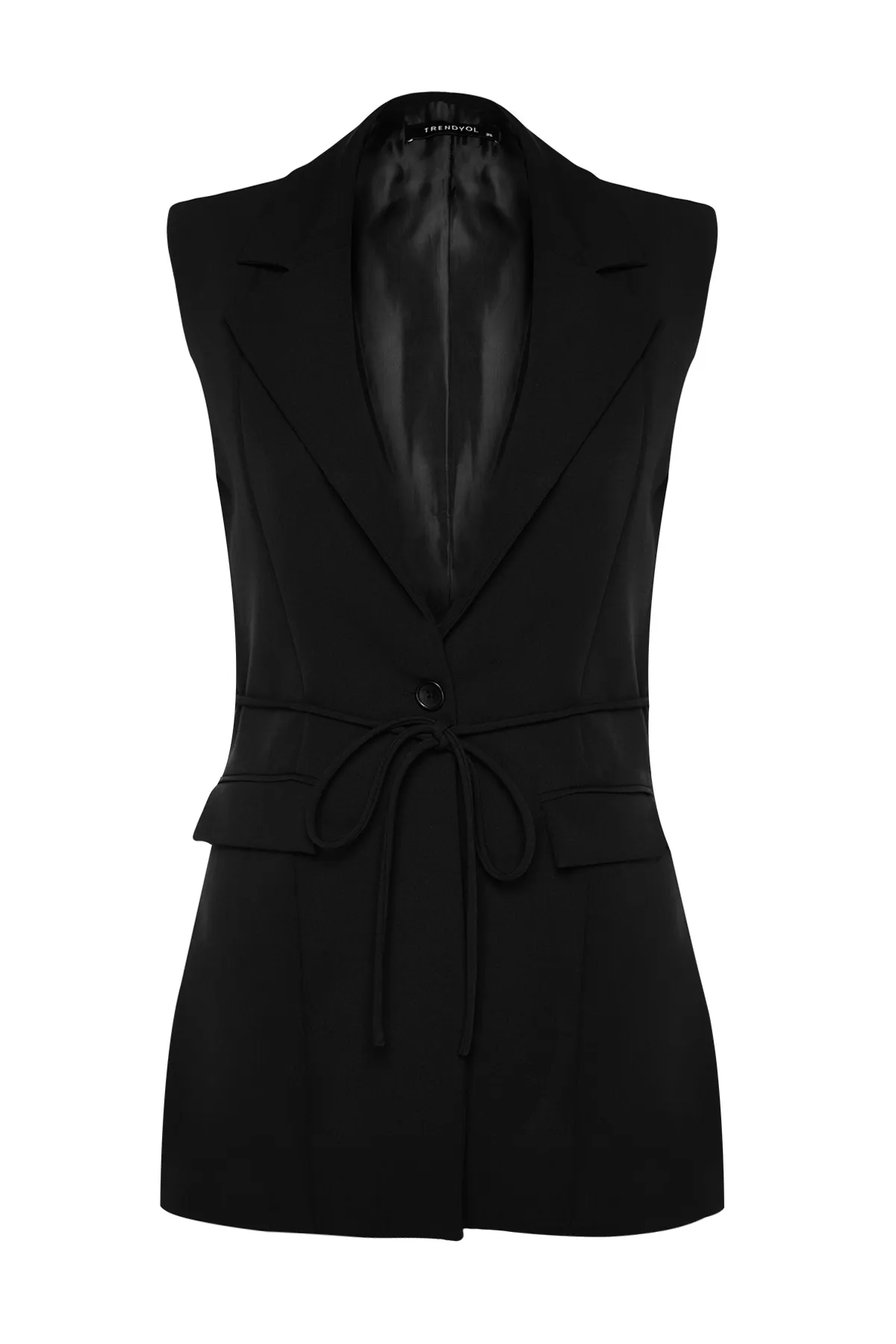 Trendyol Modest  Schwarze Jacke, Kragen, Taille, Bindedetail, gefütterte Webweste TCTAW24YL00025