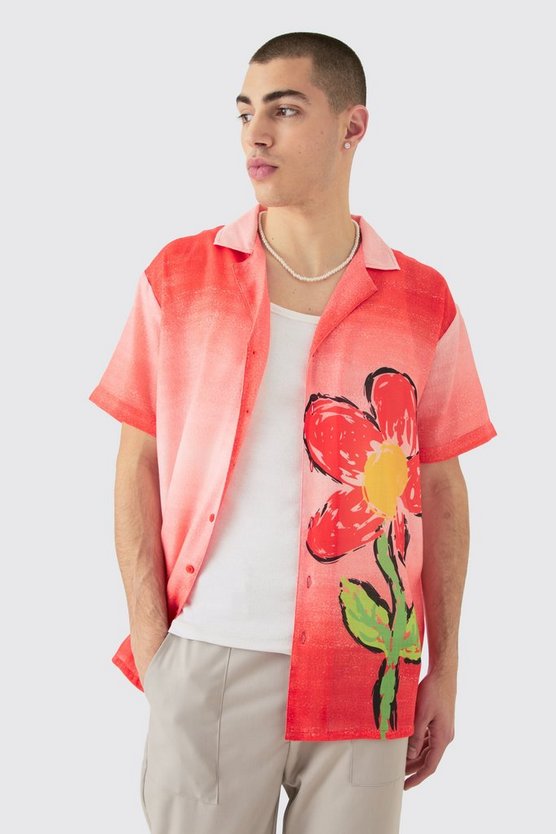 Oversized Ombre Flower Print Linen Look Shirt