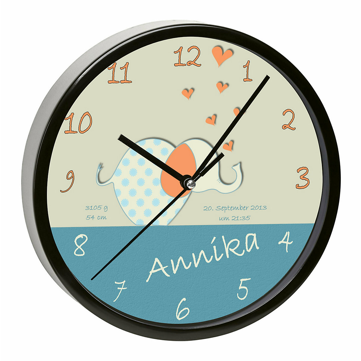 Kinder Wanduhr personalisiert mit Name Elefant orange blau