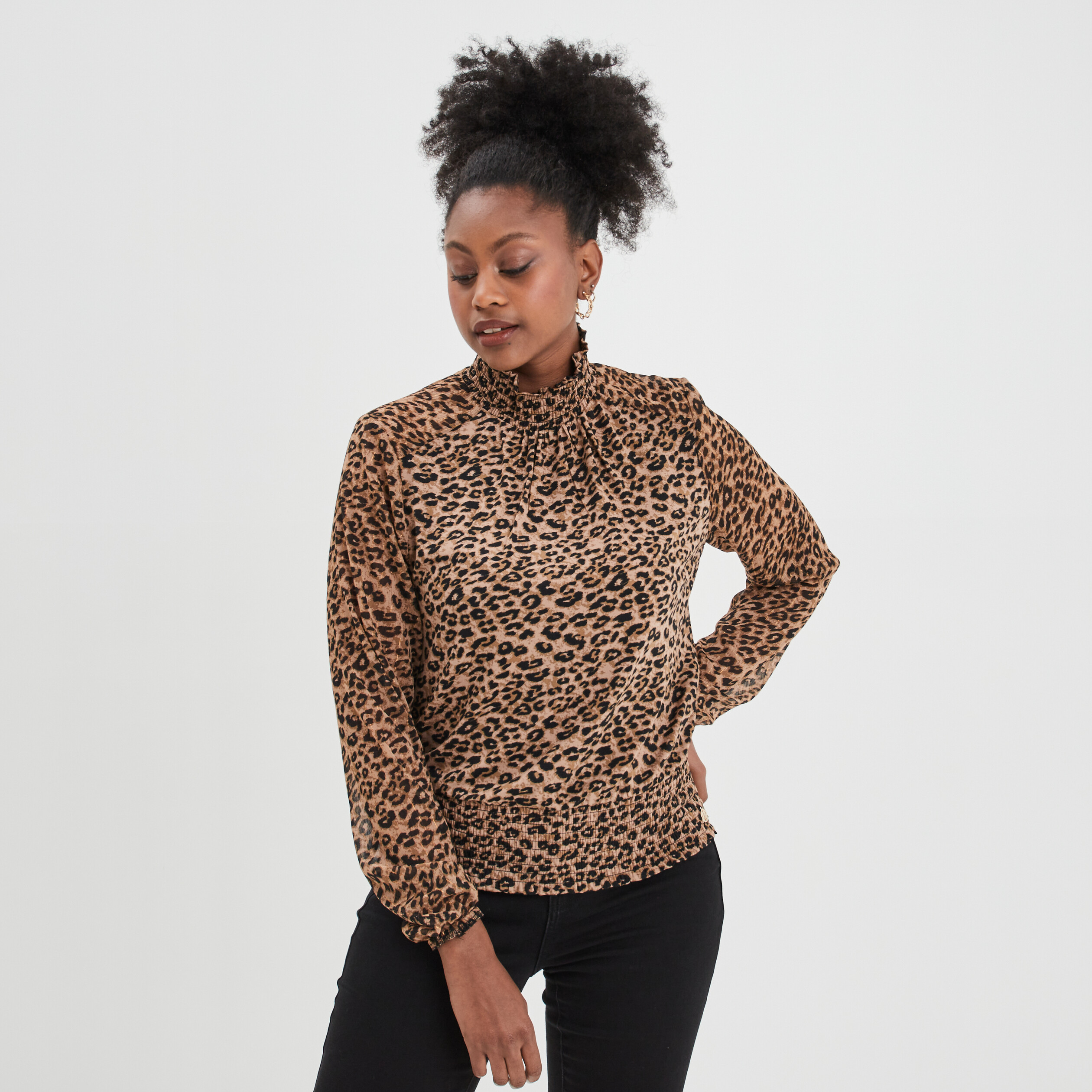 T-shirt manches longues à col montant beige femme | La Halle