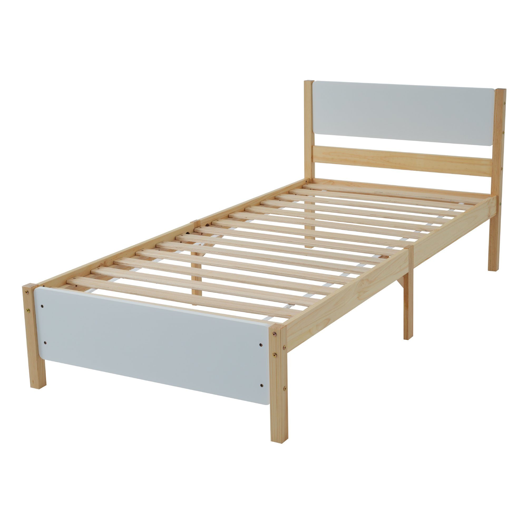 Fangqi Holzbett Kiefernholzrahmen mit Mittelfuß, Weiß + Natur, 90/140x200cm, Doppelbett/Doppelbett, Jugendbett, Erwachsenenbett Holzbett