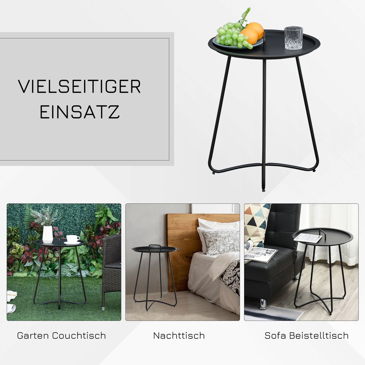 Outsunny Beistelltisch für Garten Couchtisch Kaffeetisch mit Tragegriff Wohnzimmer Metall Schwarz Ø46 x 56H cm