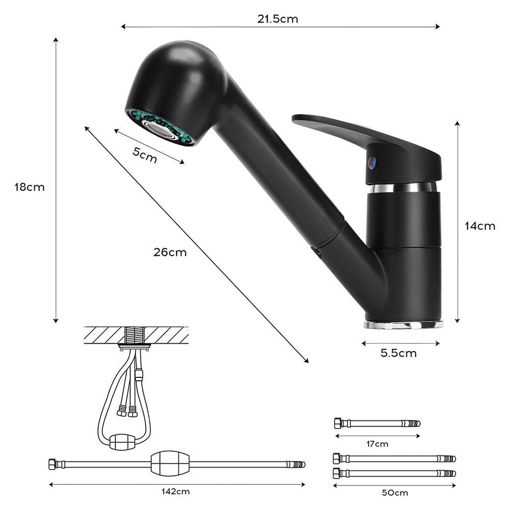 XIIW Waschtischarmatur Wasserhahn Bad mit Ausziehbar Brause,Küchenarmatur mit 2 Strahlarten (360 ° Drehbare,Mischbatterie mit 60cm Flexible Anschlussschläuche,Spültischarmatur aus Messing)