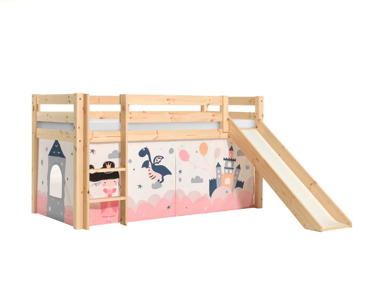VIPACK Halbhohes Bett PINO, mit Rutsche und Textilset 