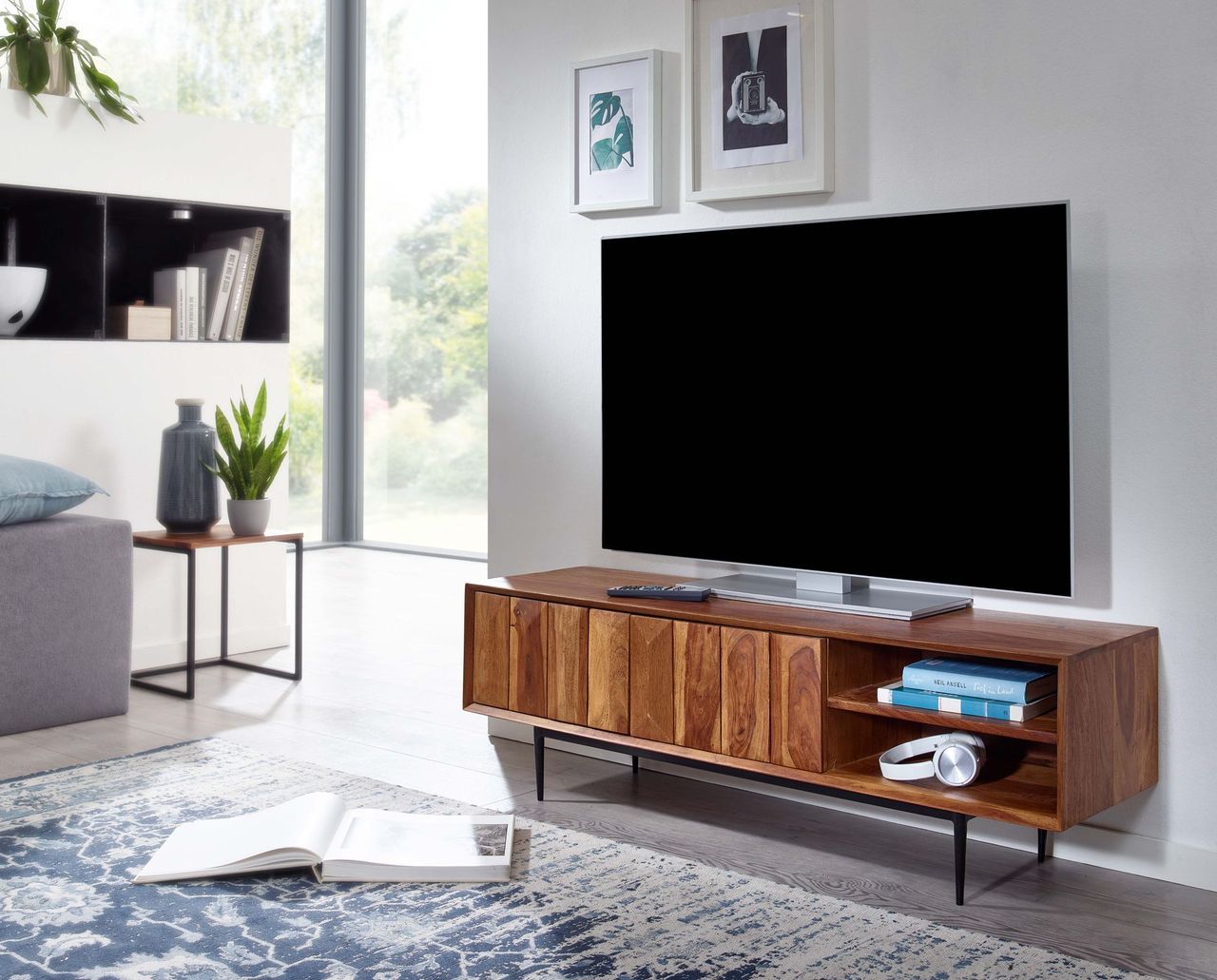 Skyport WOHNLING TV Schrank 123x42x35 cm Lowboard Holz Fernsehkommode Fernsehschrank