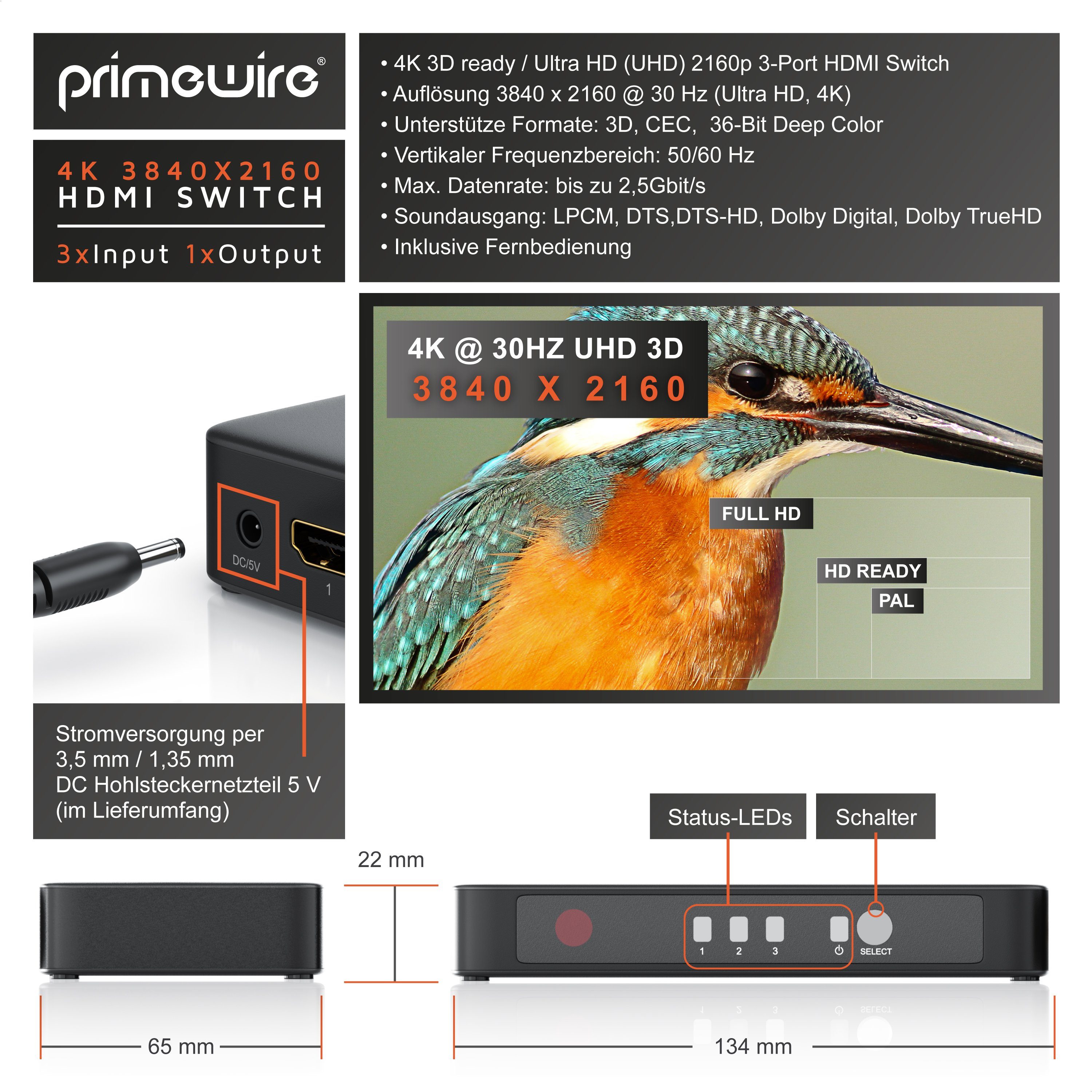 Primewire Audio / Video Matrix-Switch, 3-Port 4k HDMI Switch mit Fernbedienung / 3D + CEC / 2160p 30Hz