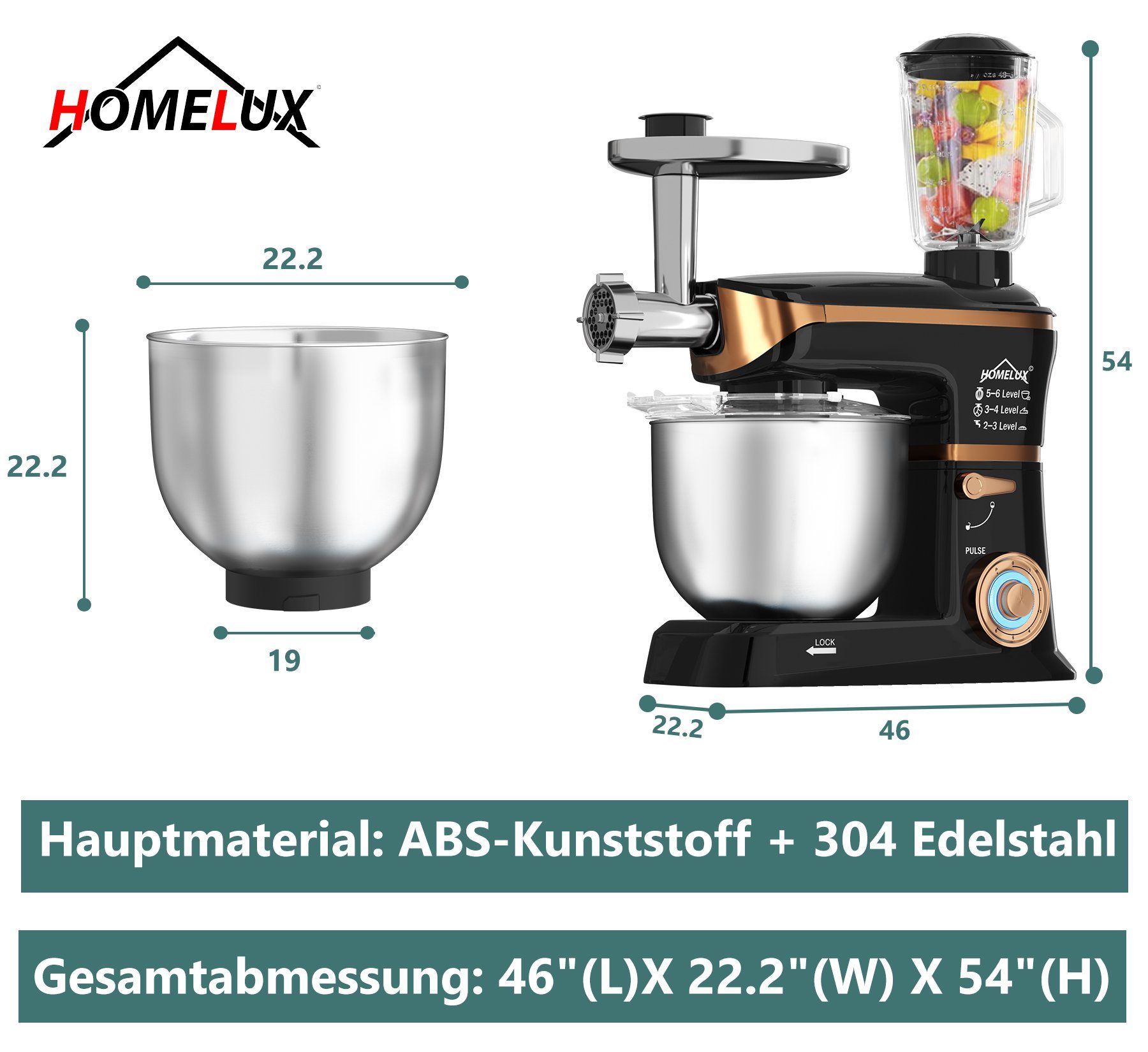 HOMELUX Küchenmaschine 3in1 Multifunktions Standmixer, 2000 W, 5 l Edelstahlschüssel, 2000,00 W, 5,00 l Schüssel, 6 Geschwindigkeiten Knetmaschine, Fleischwolf, Rührmaschine