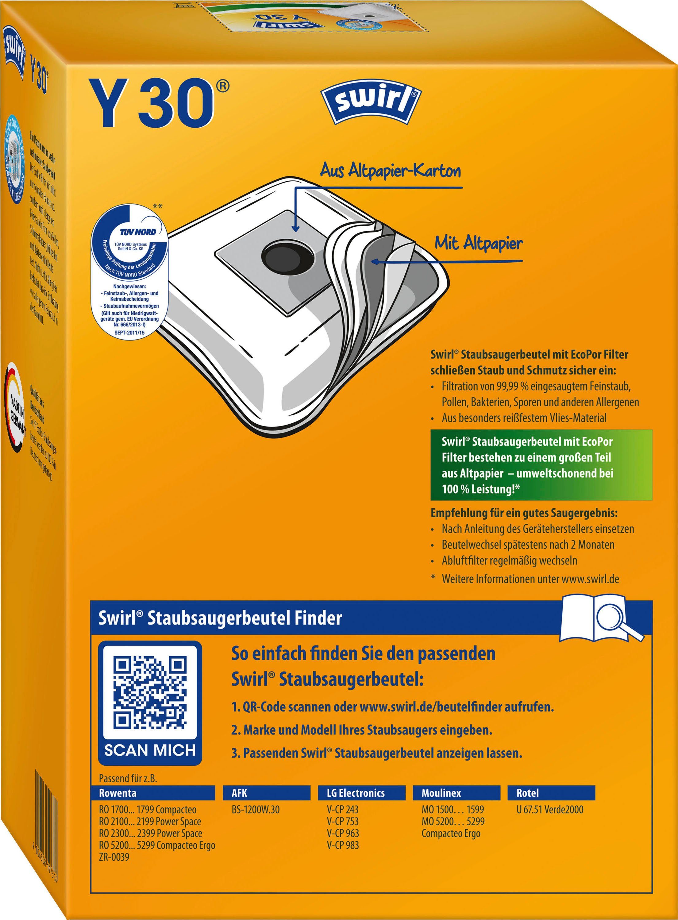 Swirl Staubsaugerbeutel Y 30, für LG Electronics, Clatronic und Rowenta, 4er-Set