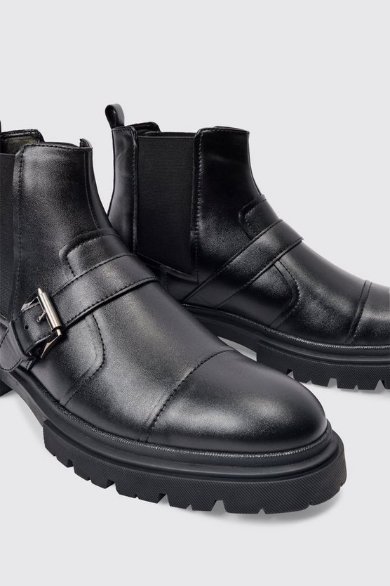 Schwarze PU-Stiefel mit Riemchen-Detail