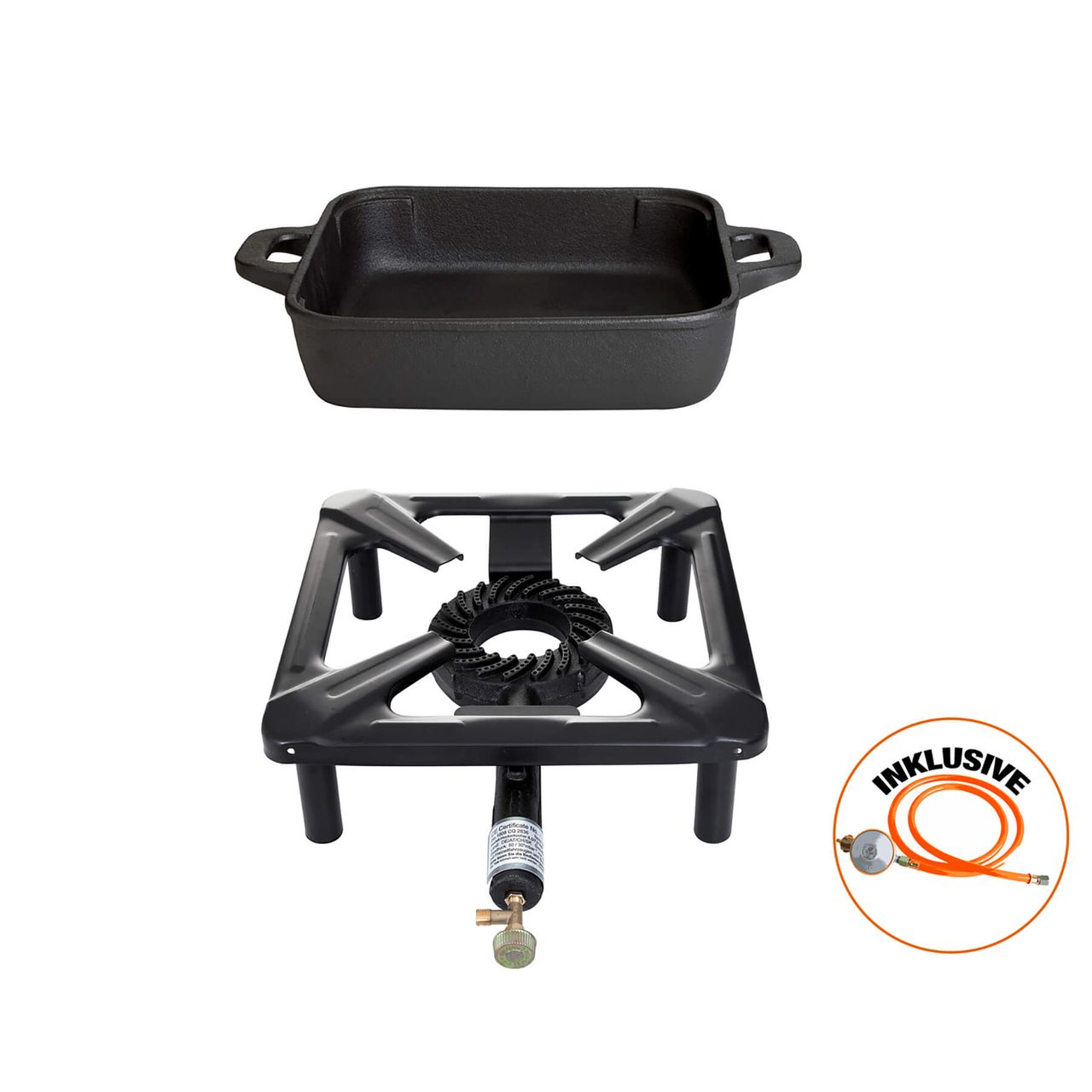 Allgrill Hockerkocher ohne Zündsicherung   Gusseisenpfanne 26x26x6cm mit 2 Griffen
