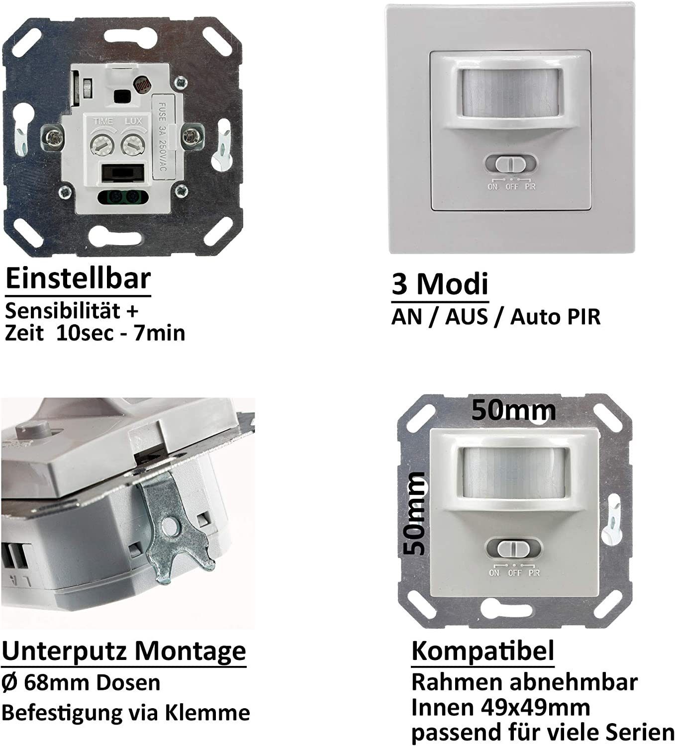 ChiliTec Bewegungsmelder Bewegungsmelder 160° Unterputz Wand-Montage Schaltet ab 1Watt 9m Reich