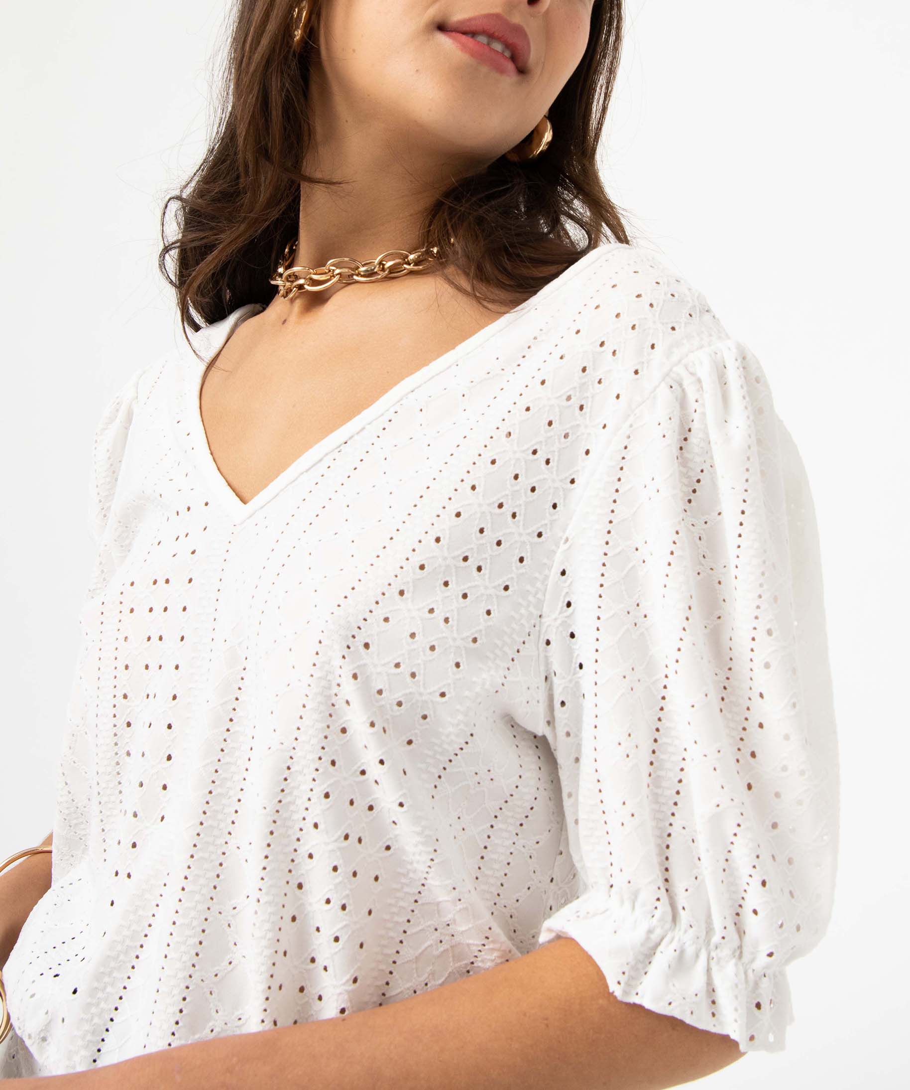 Tee-shirt manches courtes col V devant et dos en dentelle femme ecru | GEMO