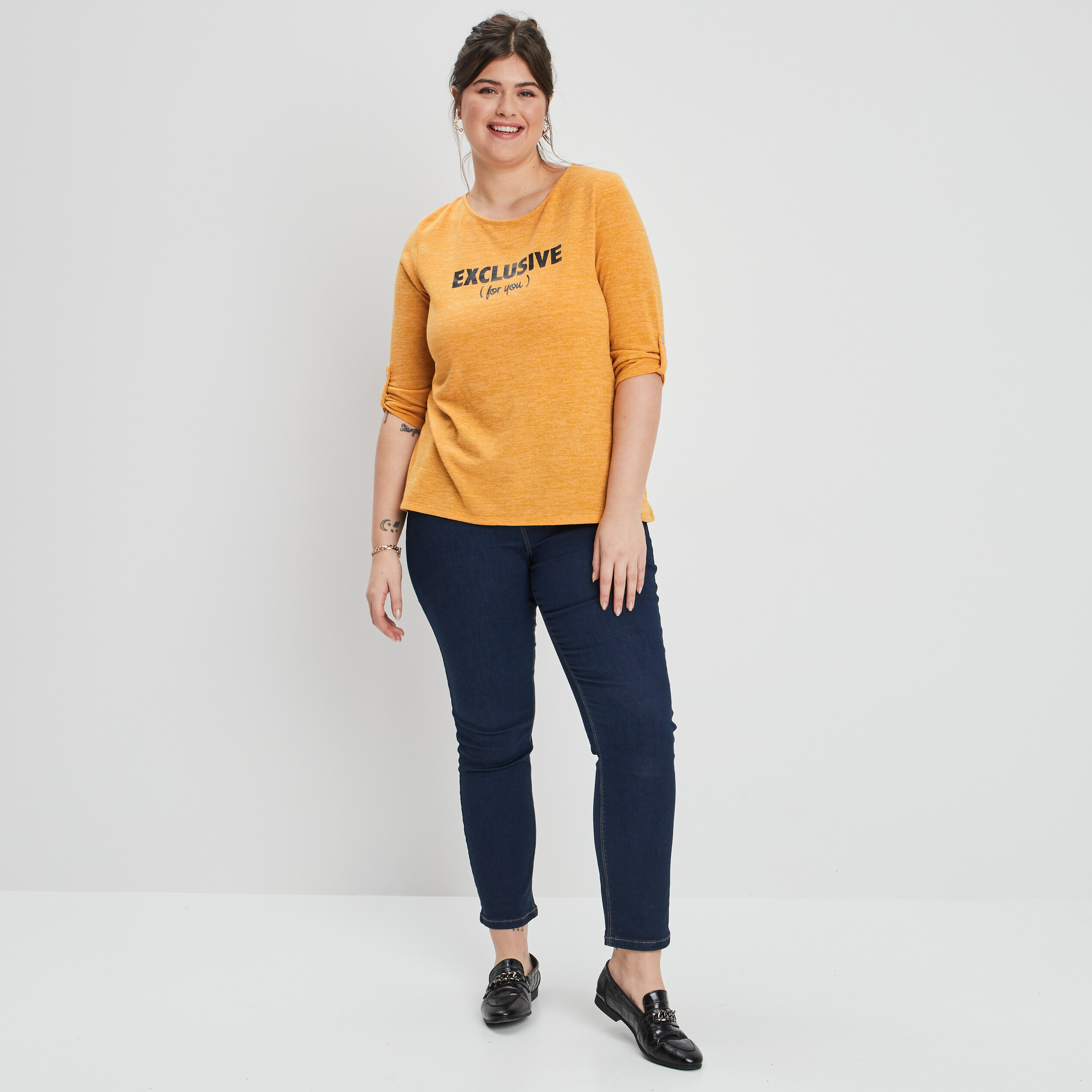 Pull manches 3 4 col rond jaune moutarde femme grande taille | La Halle