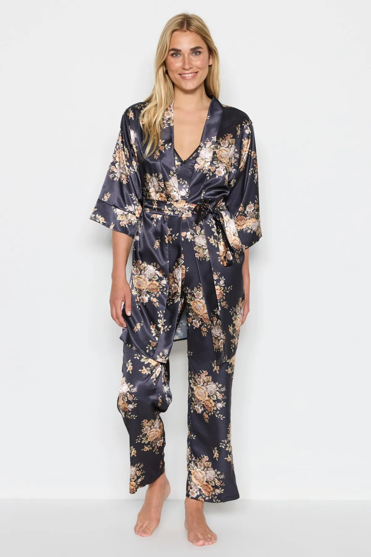 C&City  045 Gemustertes 3-teiliges Satin-Pyjama-Set für Damen Schwarz/Gelb
