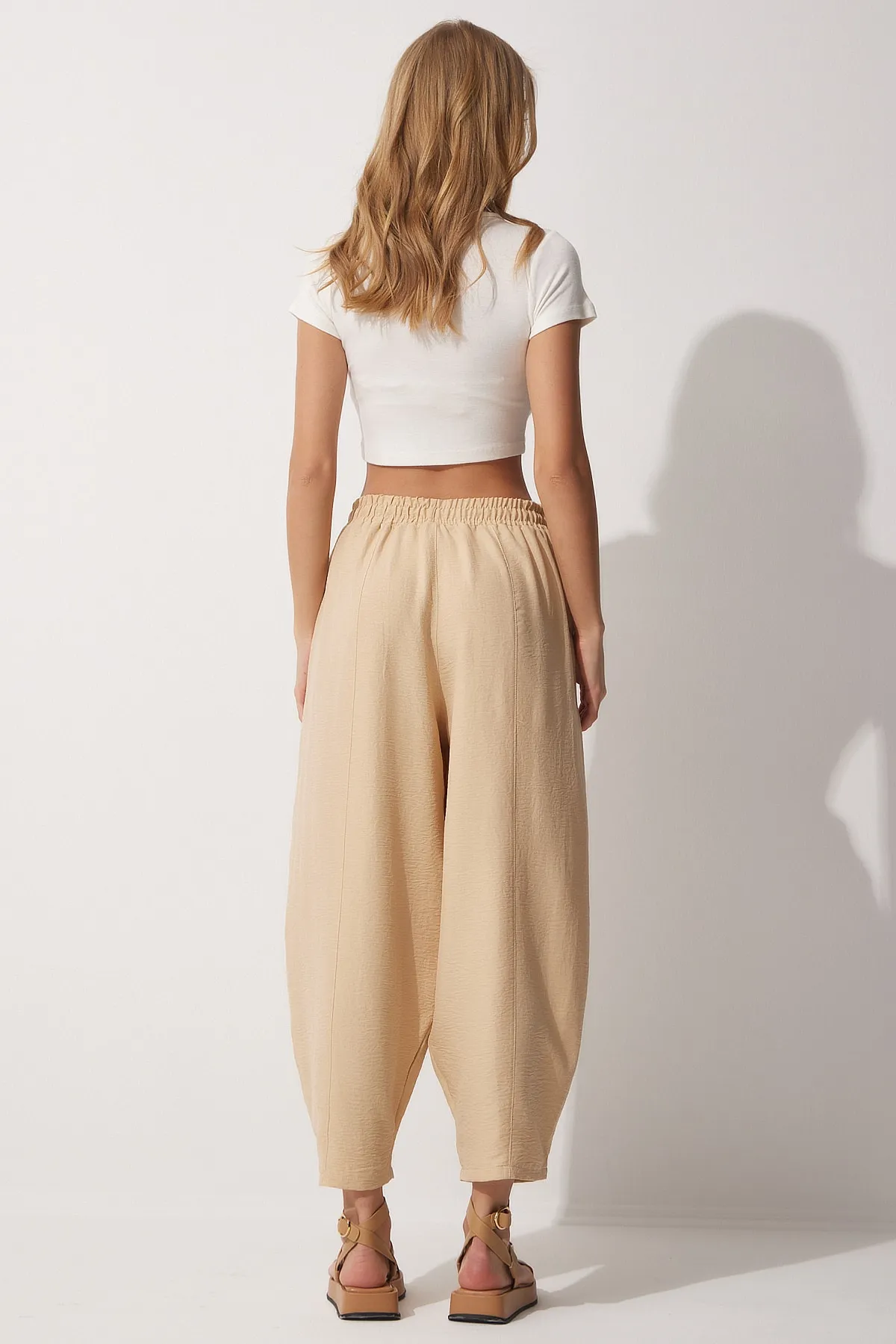 Happiness İstanbul  Leuchtende cremefarbene Shalwar-Hose aus Leinen und Viskose für Damen CV00001