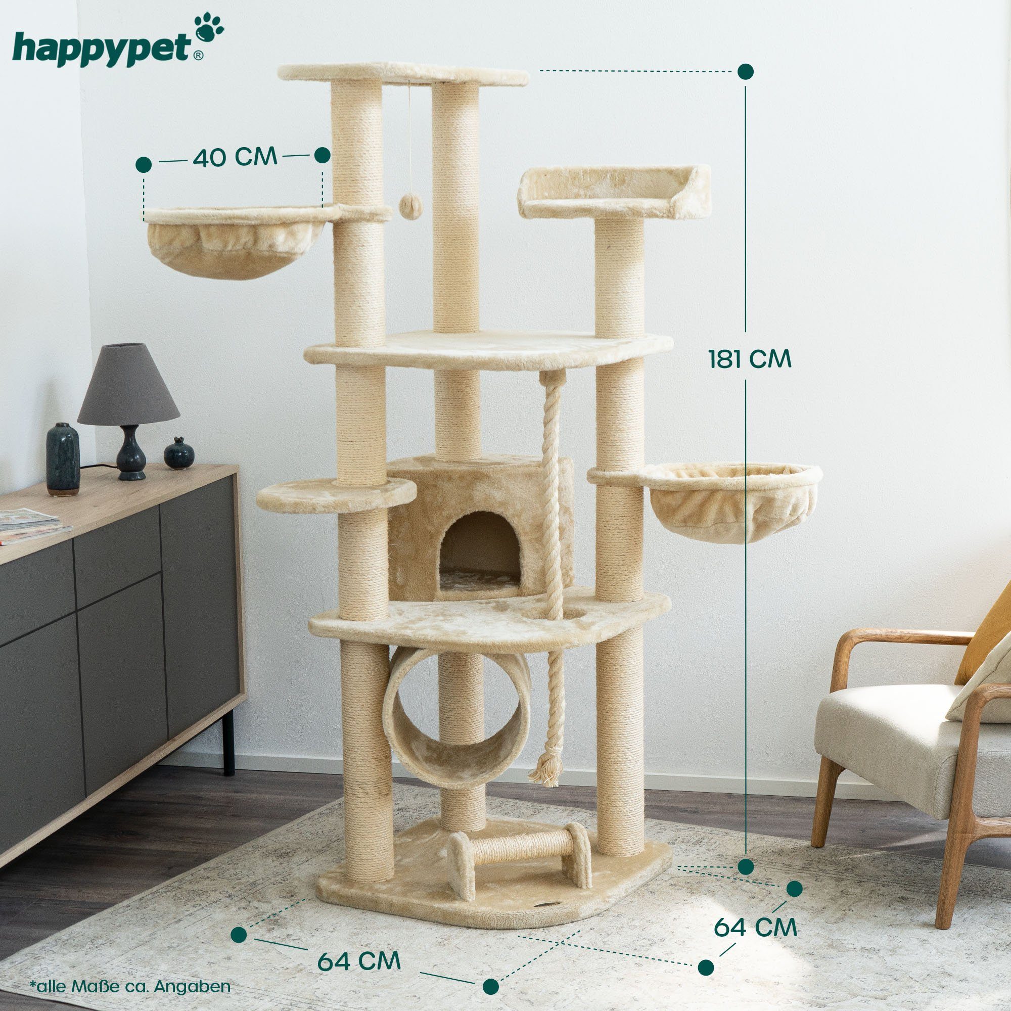 Happypet Kratzbaum CAT021, Gesamthöhe: ca. 181 cm, Haus: ca. 30 x 34 x 34 cm