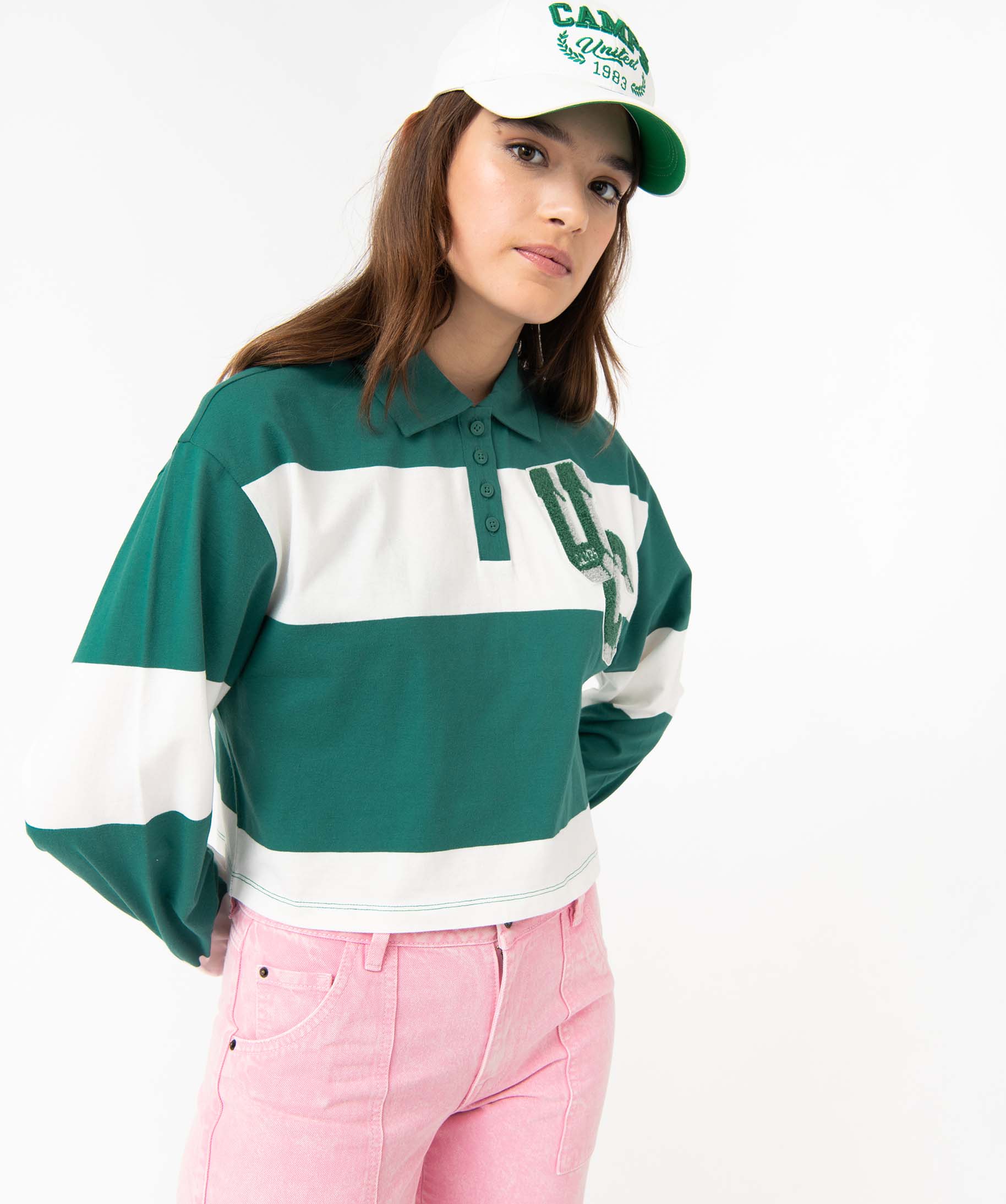 Tee-shirt femme à manches longues avec col polo - Camps United vert | GEMO