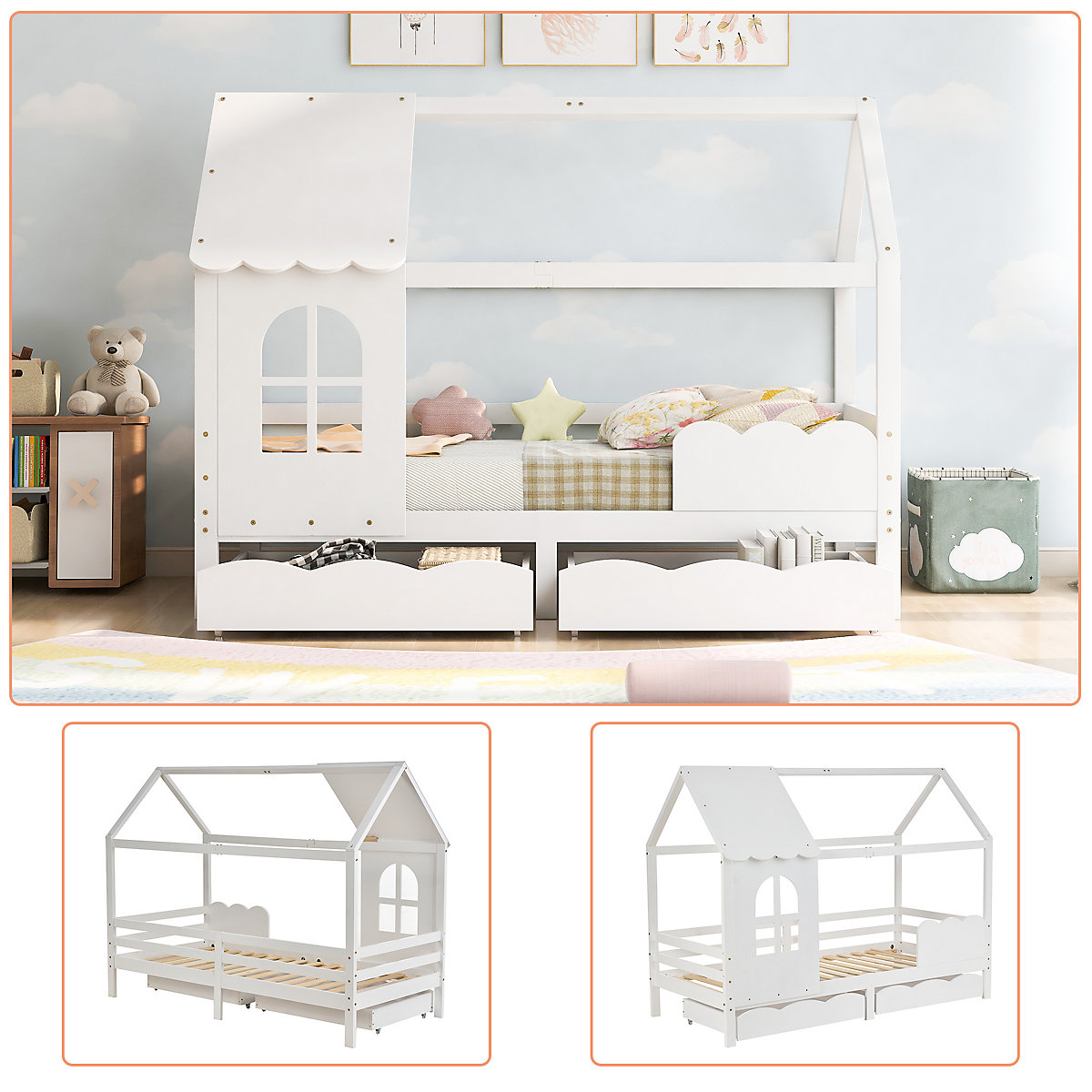 Hausbett 90x200 cm mit Schubladen und Rausfallschutz