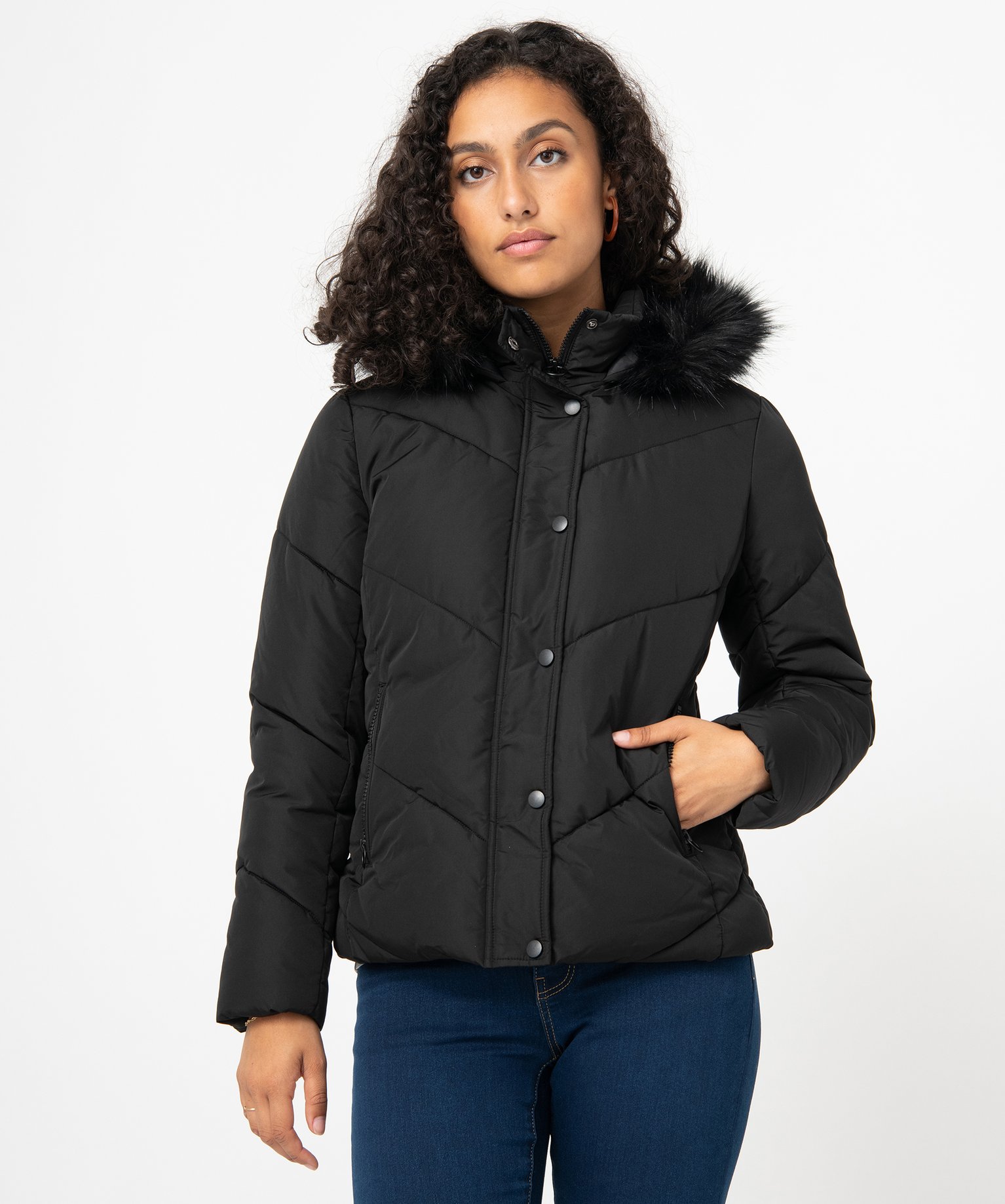 Doudoune femme à capuche en fourrure imitation noir | GEMO