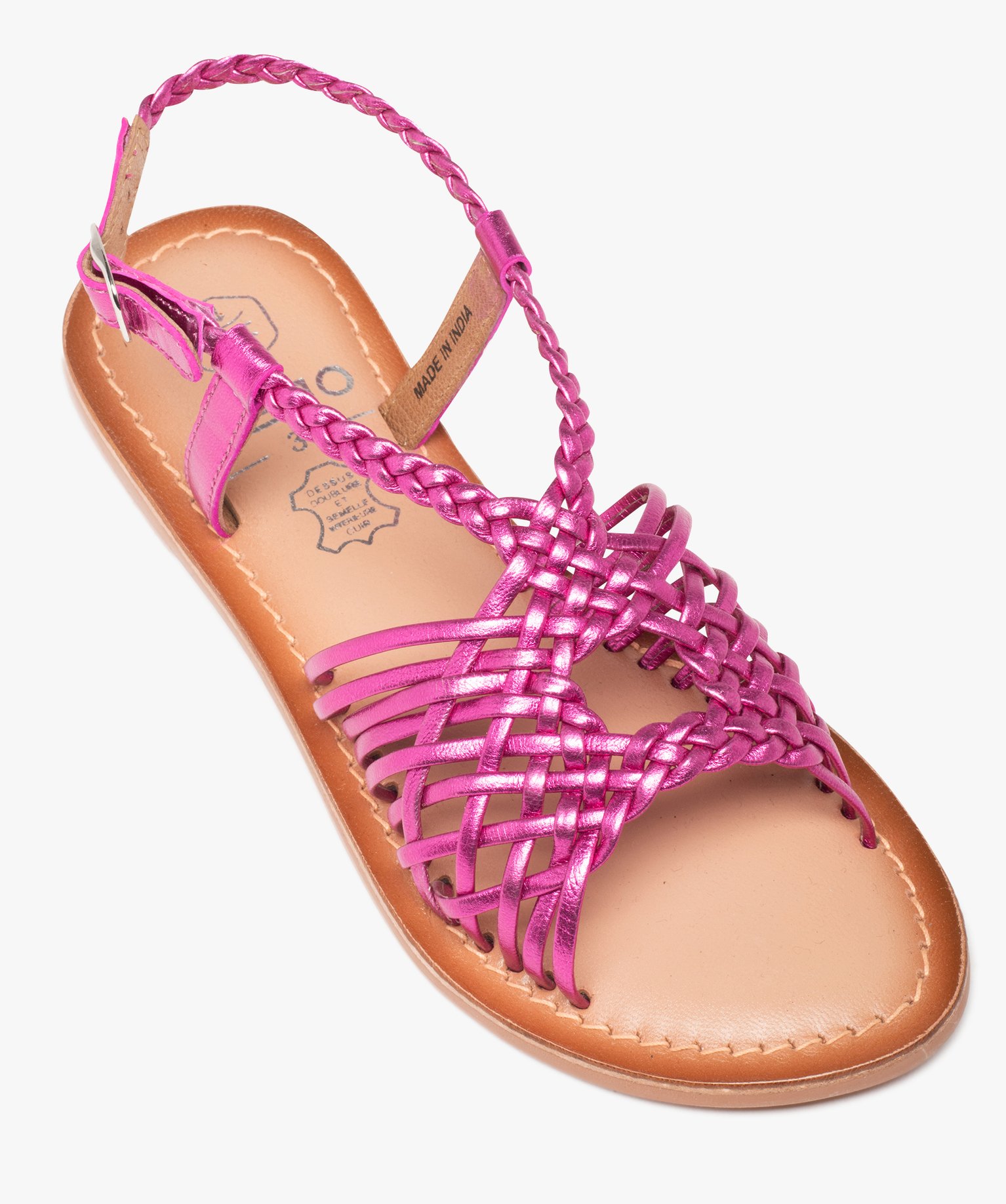 Sandales fille à fines brides tressées en cuir métallisé rose | GEMO
