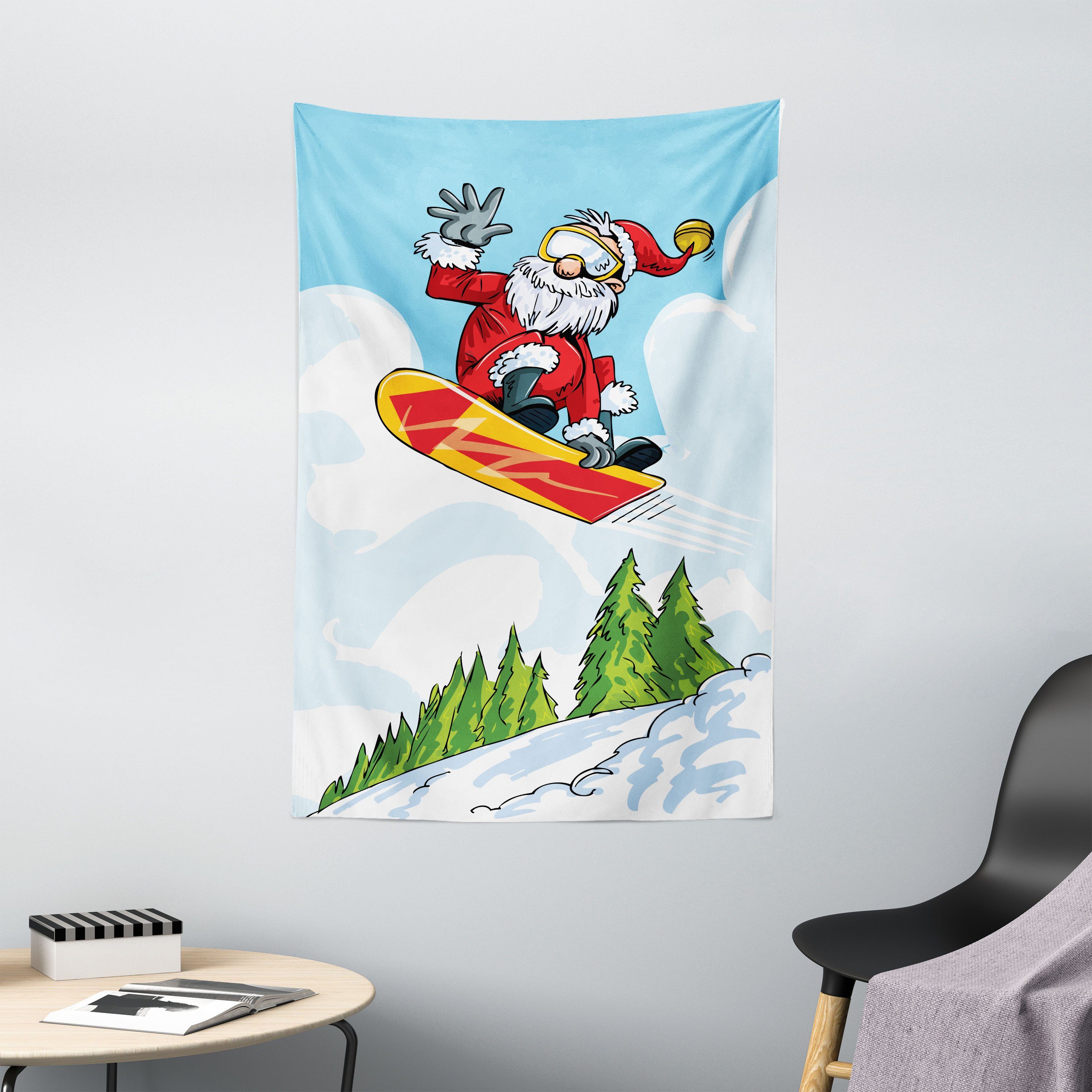 Wandteppich Wohnzimmer Schlafzimmer Wandtuch Seidiges Satin Wandteppich, Abakuhaus, rechteckig, Weihnachtsmann Springen Sie auf Snowboard Pines