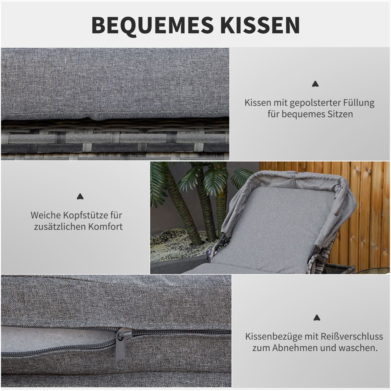 Outsunny Sonnenliege aus Polyrattan mit Sonnendach Gartenliege verstellbar Rattanliege Gartenmöbel Liege mit Kissen Grau 195 x 65 x 40 cm
