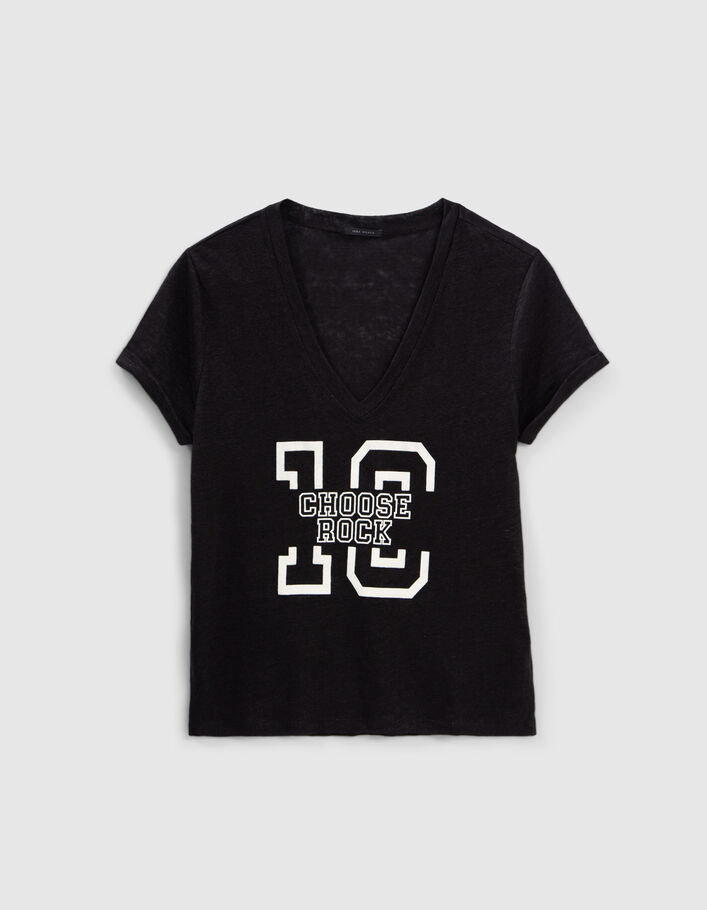 Tee-shirt noir en maille de lin à message Femme