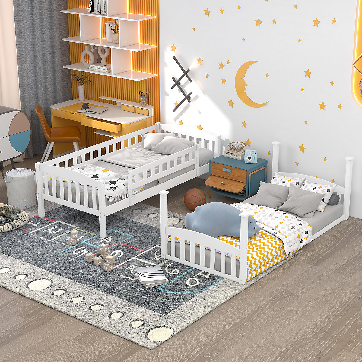 Etagenbett mit Rutsche, Niedriger Kinderbett Etagenbettrahmen Massives Kiefernbett 90 x 200 cm