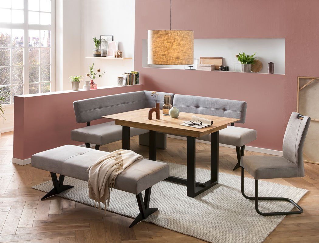 expendio Eckbankgruppe Gunar 1XL, (komplette Tischgruppe, Spar-Set, 4-tlg), Tisch Gunar Eiche rustikal + Eckbank Eda 3 + Bank + Stuhl Kato Gray
