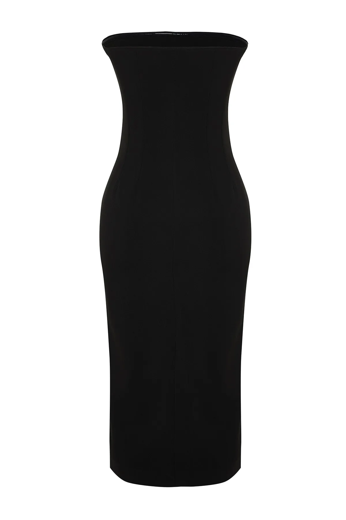 Trendyol Collection  Schwarzes, gerade geschnittenes, trägerloses Midi-Webkleid aus Webstoff TWOSS22EL00795