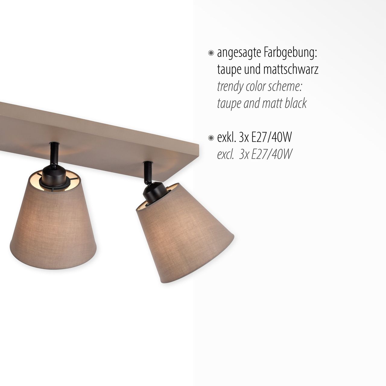 JUST LIGHT LeuchtenDirekt Deckenleuchte RIALA, 3-flammig, E27, Leuchtköpfe verstellbar, Stoffschirme, taupe, IP20