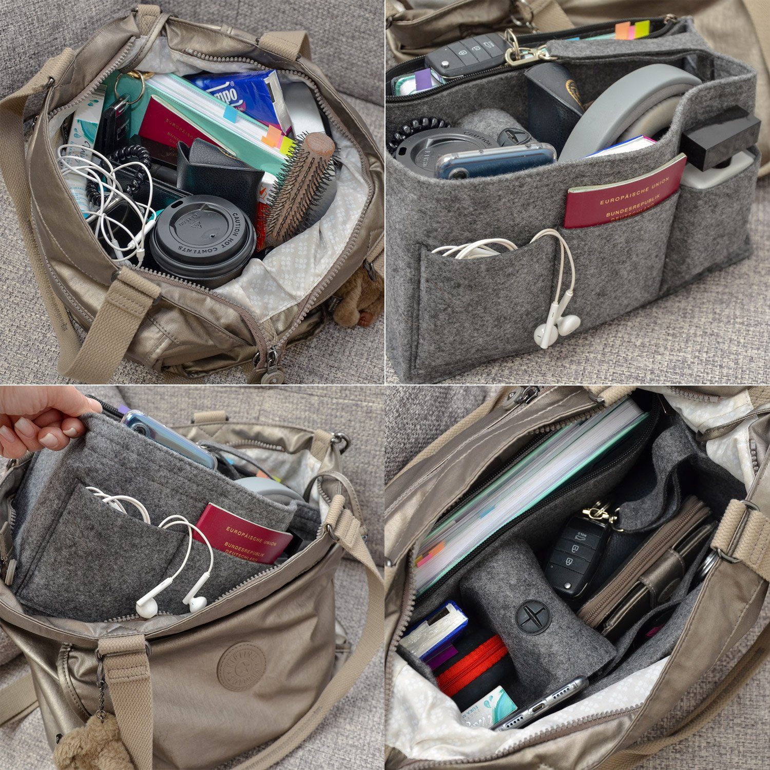 DuneDesign Aufbewahrungstasche Handtaschen Organizer XL 36x12x22cm Filz Einsatz, 36x12x22 cm Innentasche Grau