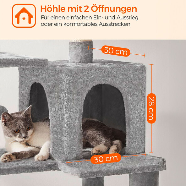 Katzenhaus 143 cm, mit 4 Kratzsäulen, 2 Plattformen, Hängematte und Höhle