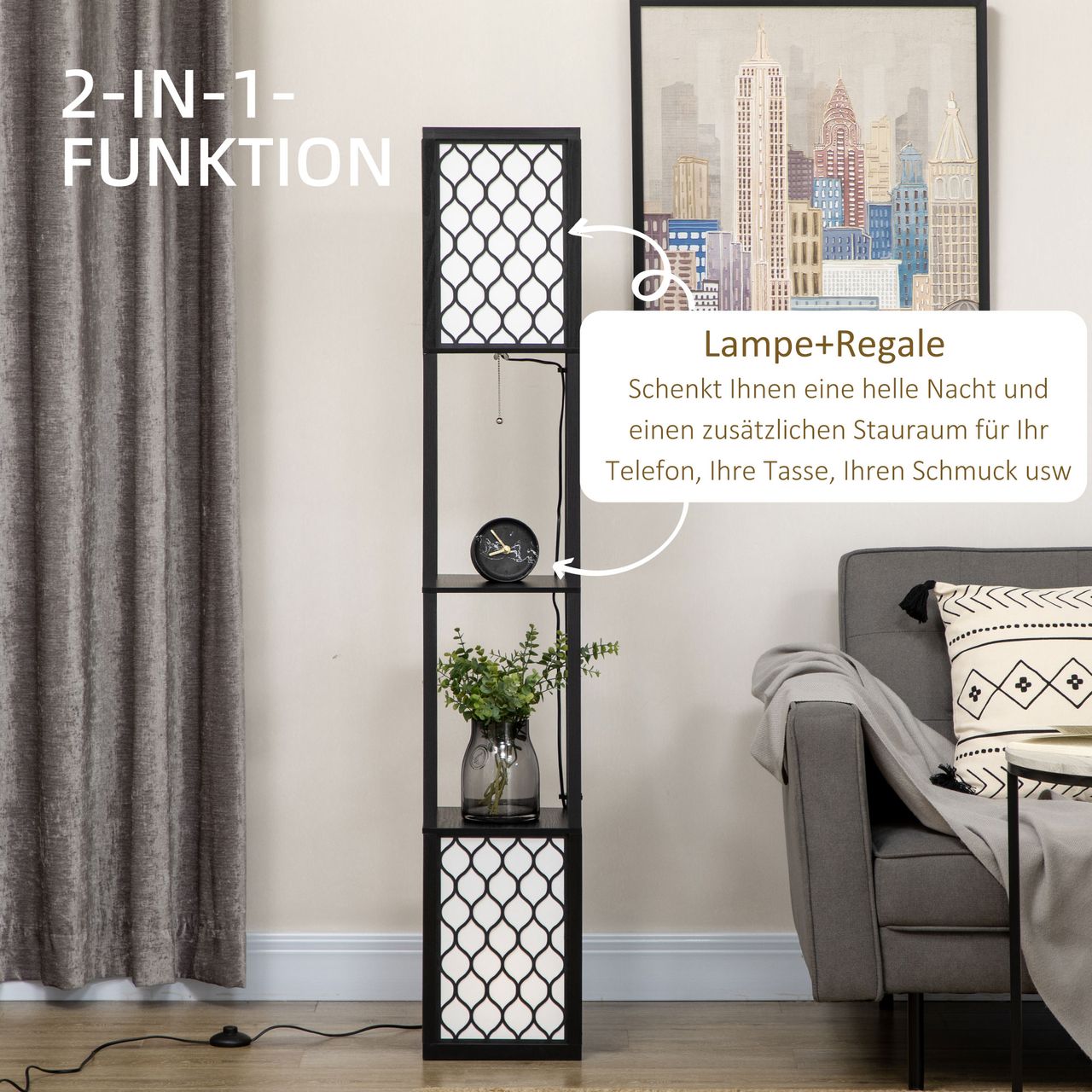 HOMCOM Stehleuchte mit Doppellicht, Regal 40 W Standlampe für Wohnzimmer Schwarz